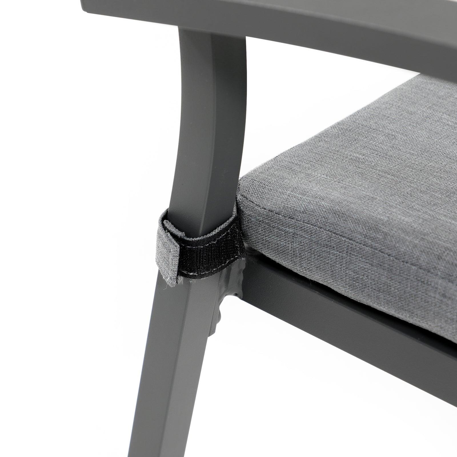 Salina gray Aluminum Outdoor Dining chair seat cushion velcro detail - Jardina Furniture #color_Grey