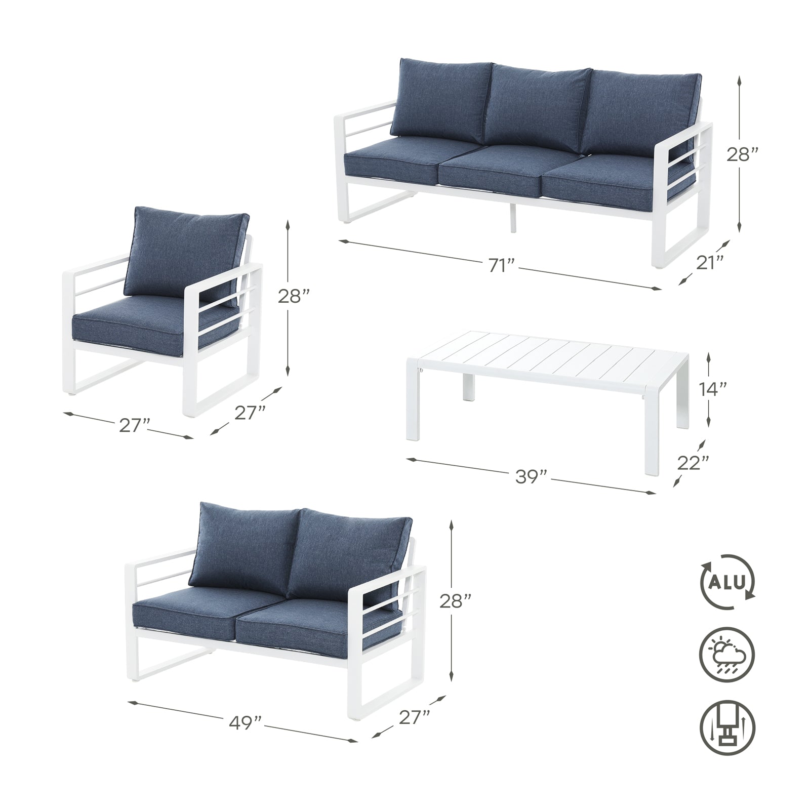 Salina Modern White Aluminum Outdoor Sofa Set with Navy Blue Cushions, a 3-seater sofa, 2-seater sofa, 2 armchairs, 1 rectangle coffee table, dimension information- Jardina Furniture