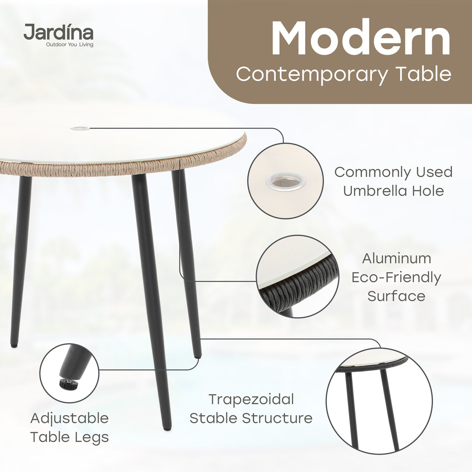 modern outdoor dining table with natural wicker and unbrella hole, glass top, aluminum frame