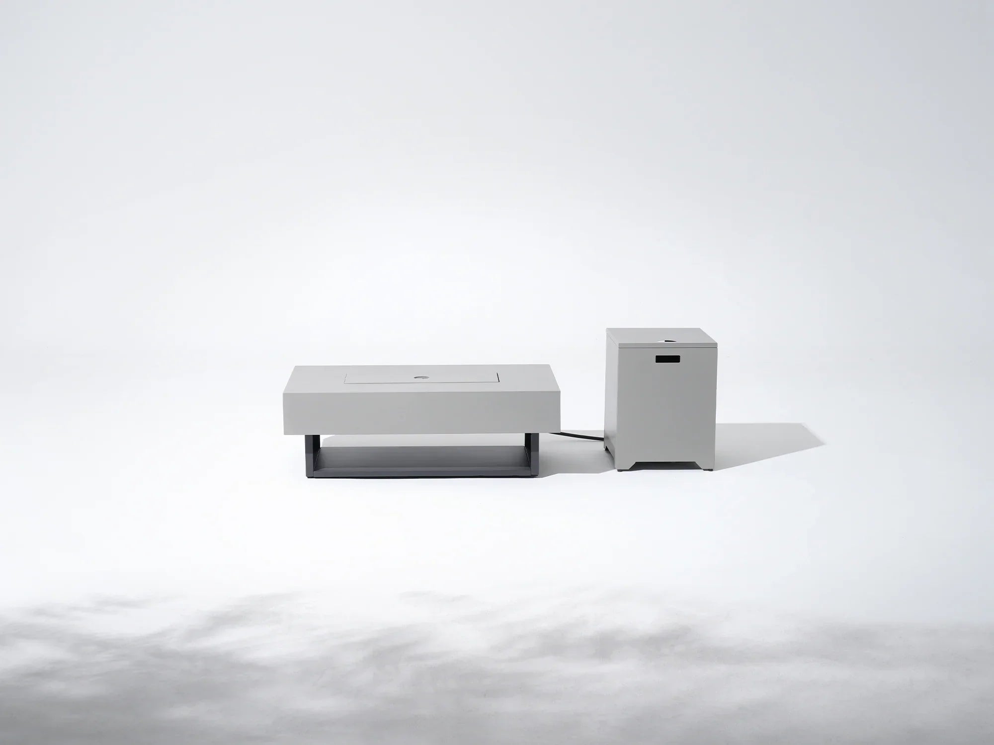 Two modern, light gray boxes on a white background