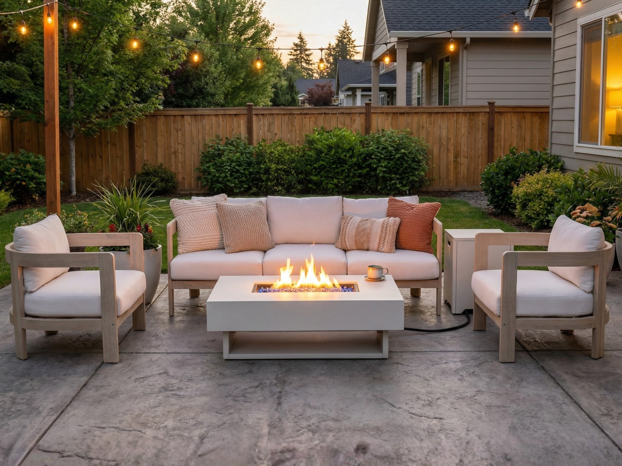 Outdoor patio setup with a fire pit table and comfortable seating area. #color_light beige