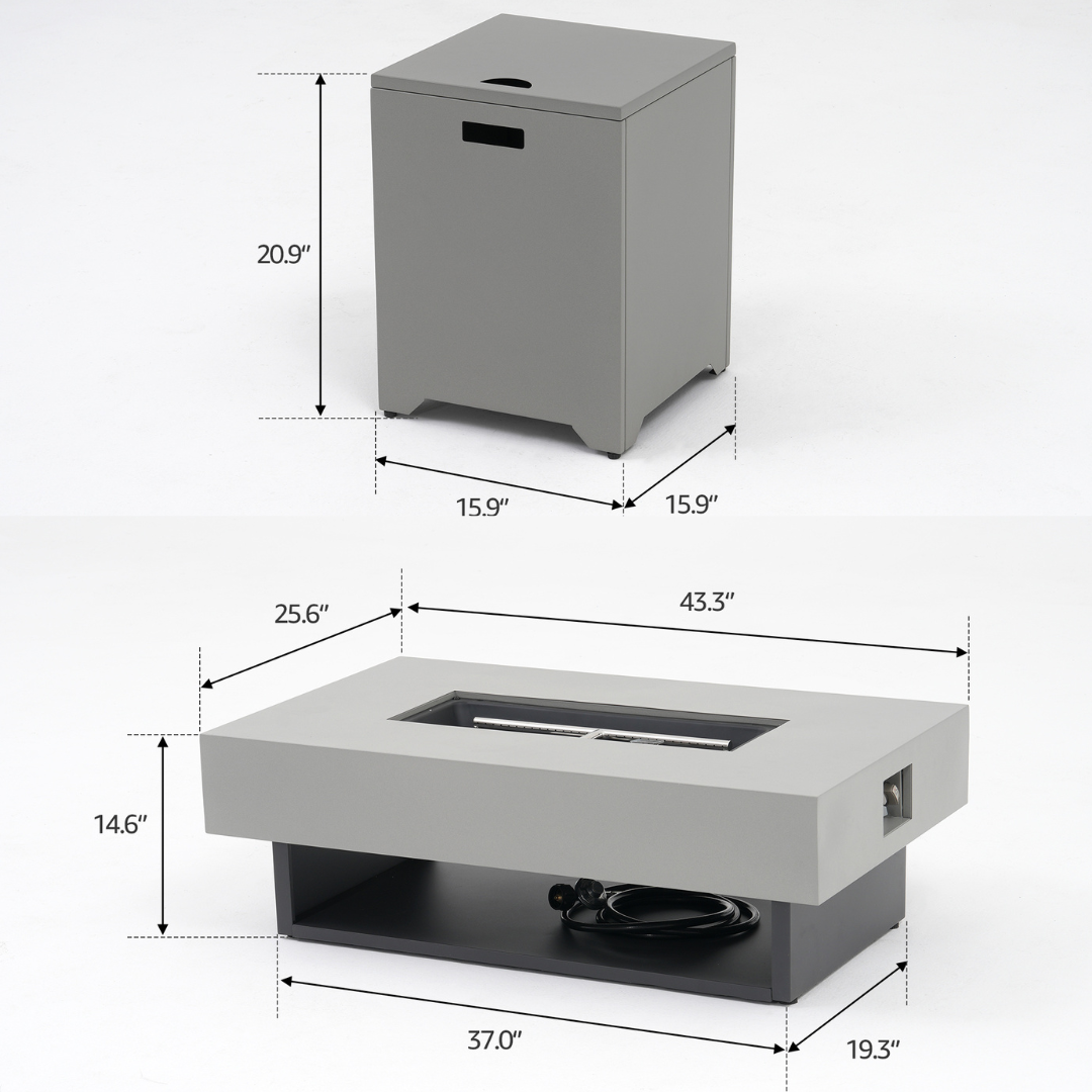 Sova Modern Aluminum Outdoor Sofa Set with Fire Pit, Swivel Chairs, Black Frame & White Sunbrella® Cushions