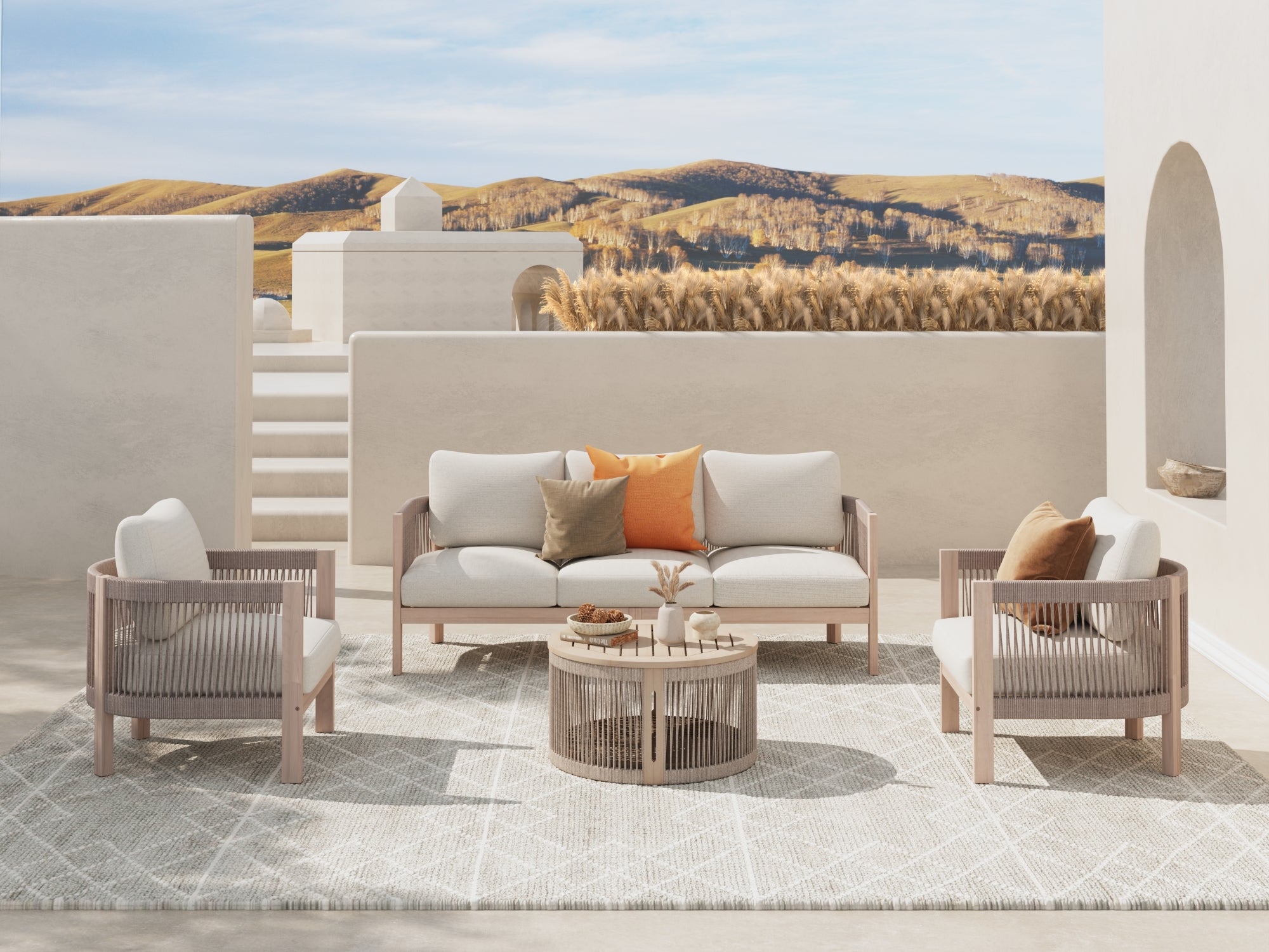 5-seat acacia wood and rope Outdoor patio conversation seating set with cushions - Jardina Modern Premium Outdoor Patio Furniture Sets