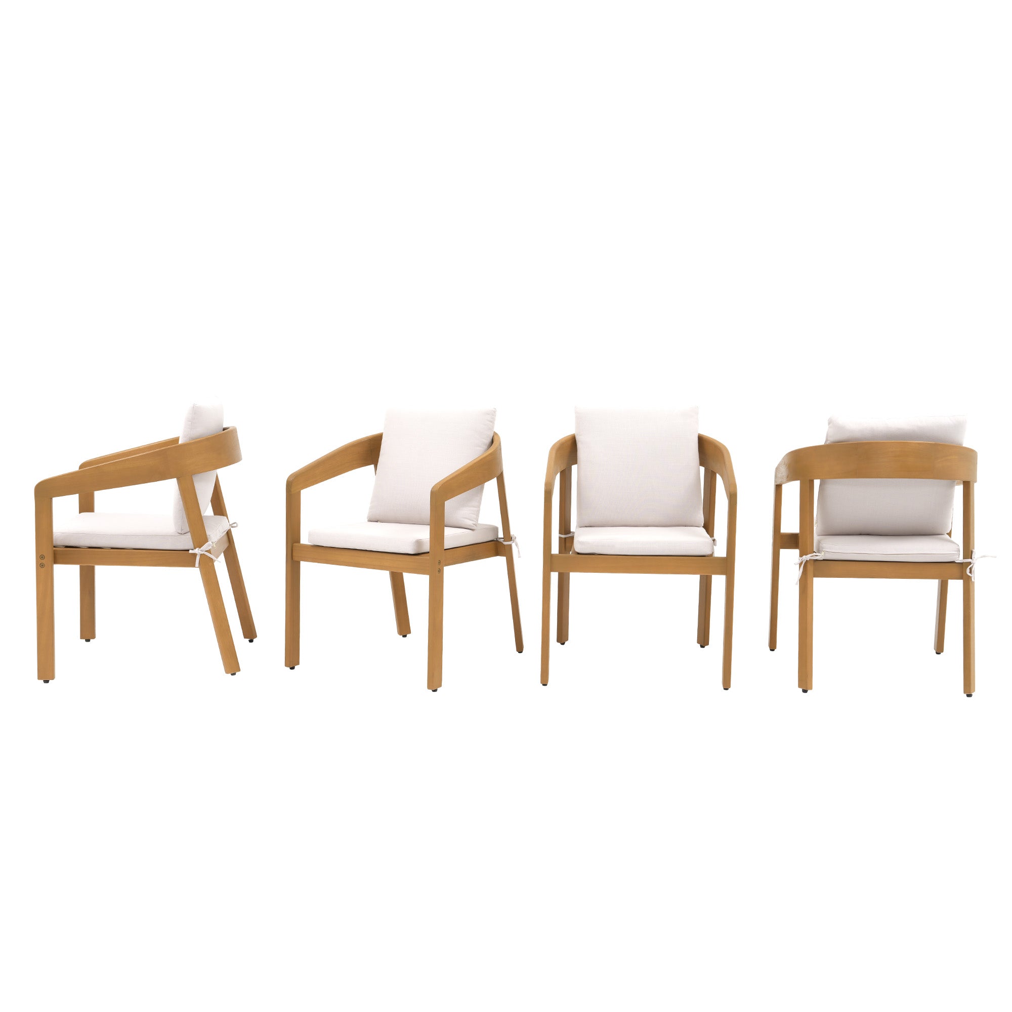 Four wooden chairs with white cushions on different angles - Jardina’s Modern Premium Outdoor Furniture