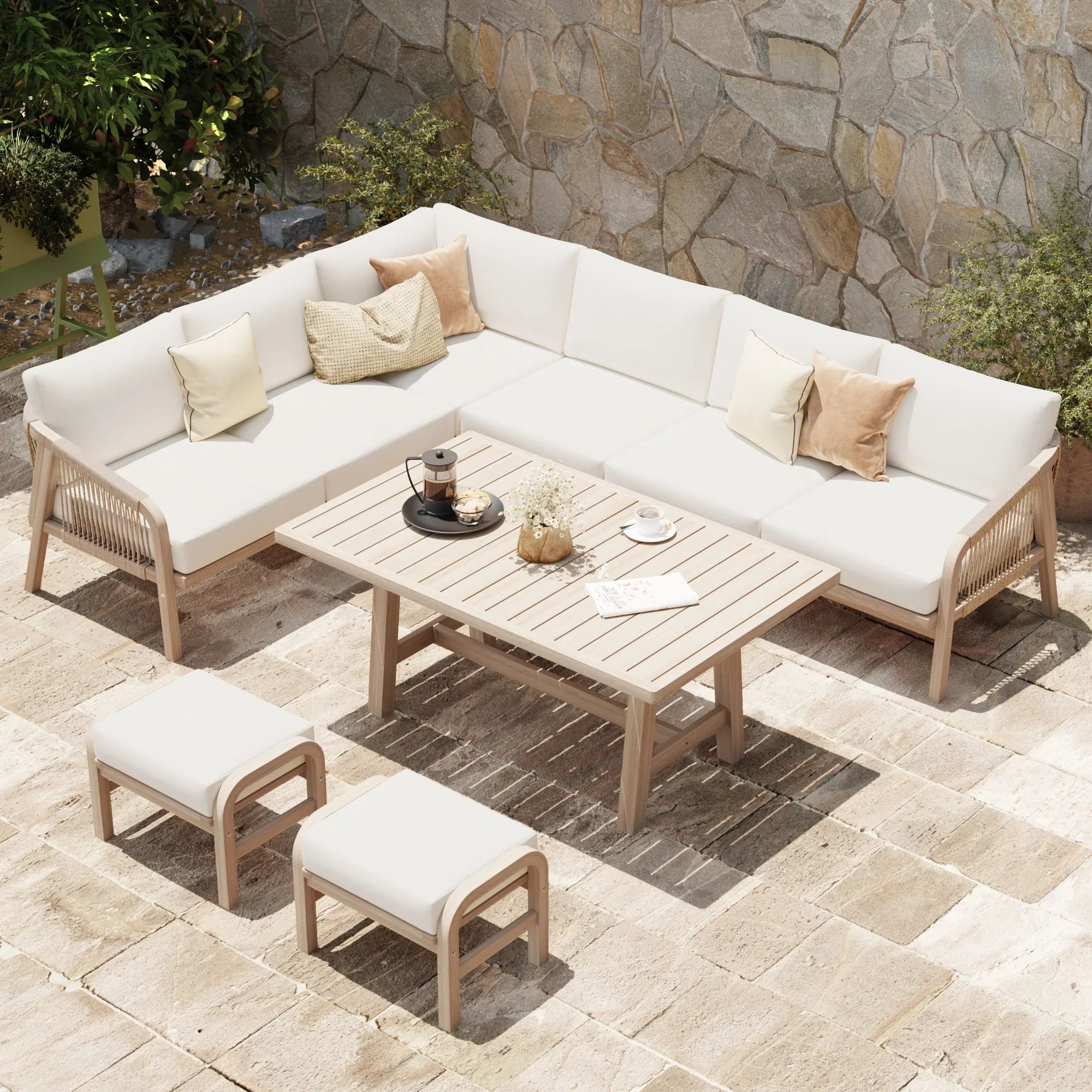 l-shaped acacia wood Outdoor patio furniture set with sectional sofa, dining table, and stools - Jardina Modern Premium Outdoor Patio Furniture Sets