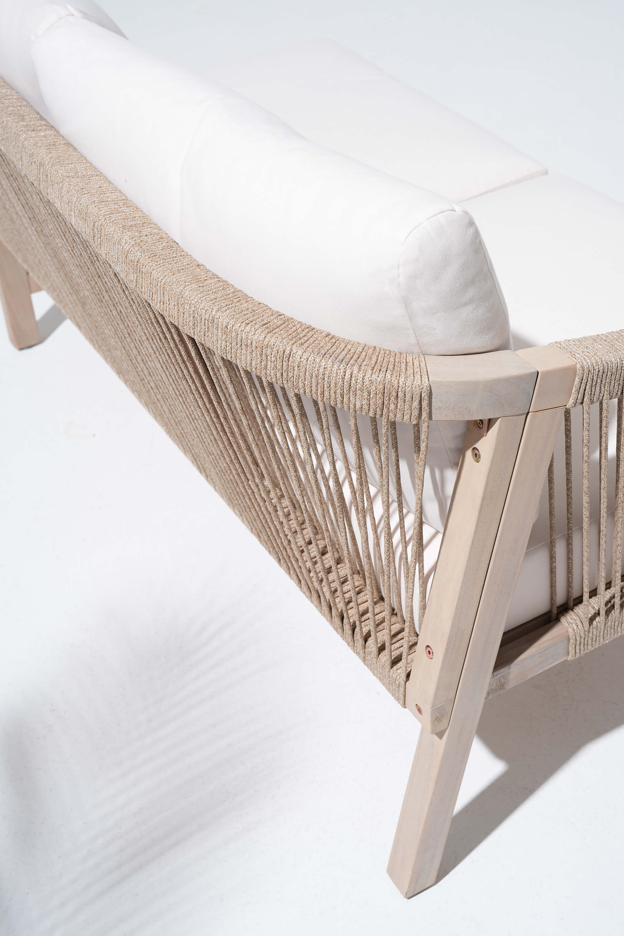 acacia wood and rope sofa with white cushion - Jardina Modern Premium Outdoor Patio Furniture Sets