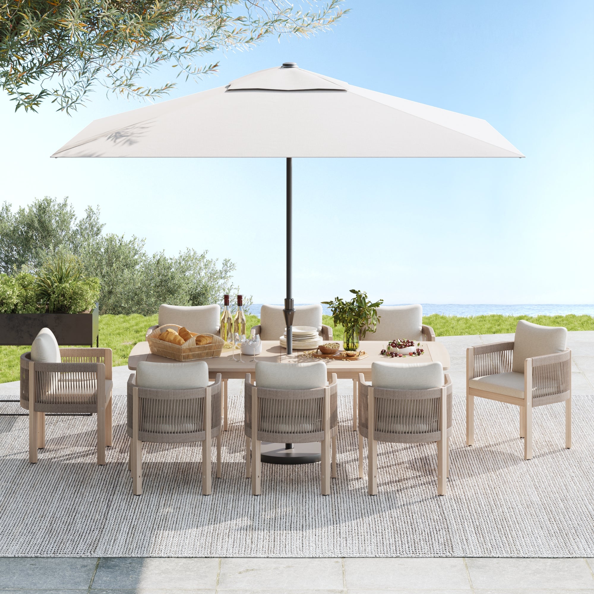 Foristern Compact acacia Wooden and rope Outdoor Dining Set with Umbrella Hole for 8 People, 83'' - Jardina Premium Modern Outdoor Dining Furniture