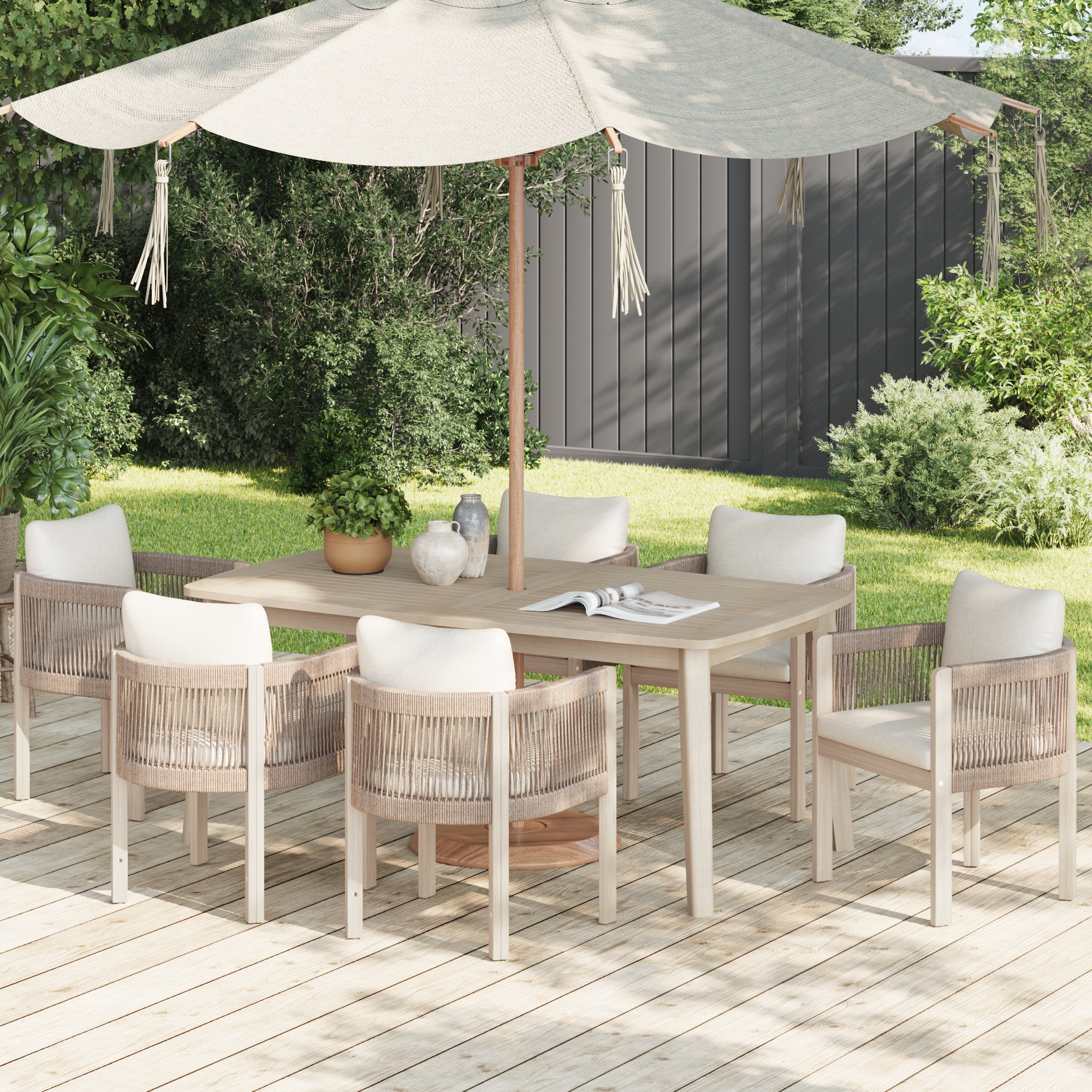 Foristern Compact acacia Wooden Outdoor Dining Set with Umbrella Hole for 6 People, 63'', rope design chairs - Jardina Premium Modern Outdoor Dining Furniture