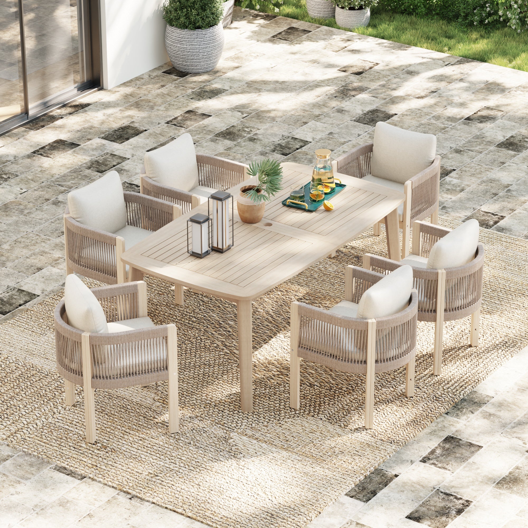 Foristern 63'' acacia Wooden and rope Outdoor Dining Set with Umbrella Hole for 6 People - Jardina Premium Modern Outdoor Dining Furniture