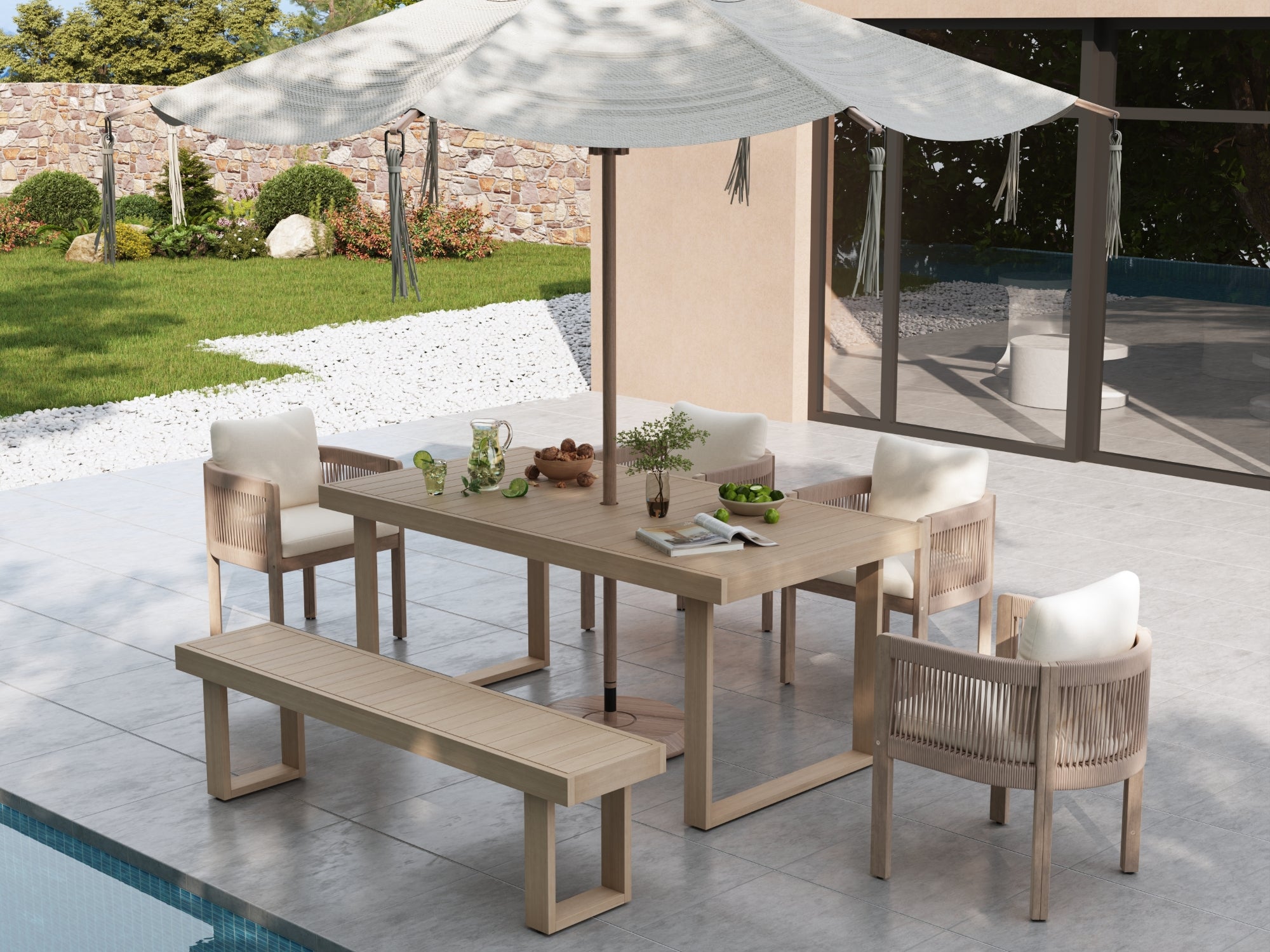 acacia wood Outdoor patio dining set for 6 people with table, chairs, and bench on a patio area - Jardina Premium Modern Outdoor Dining Furniture