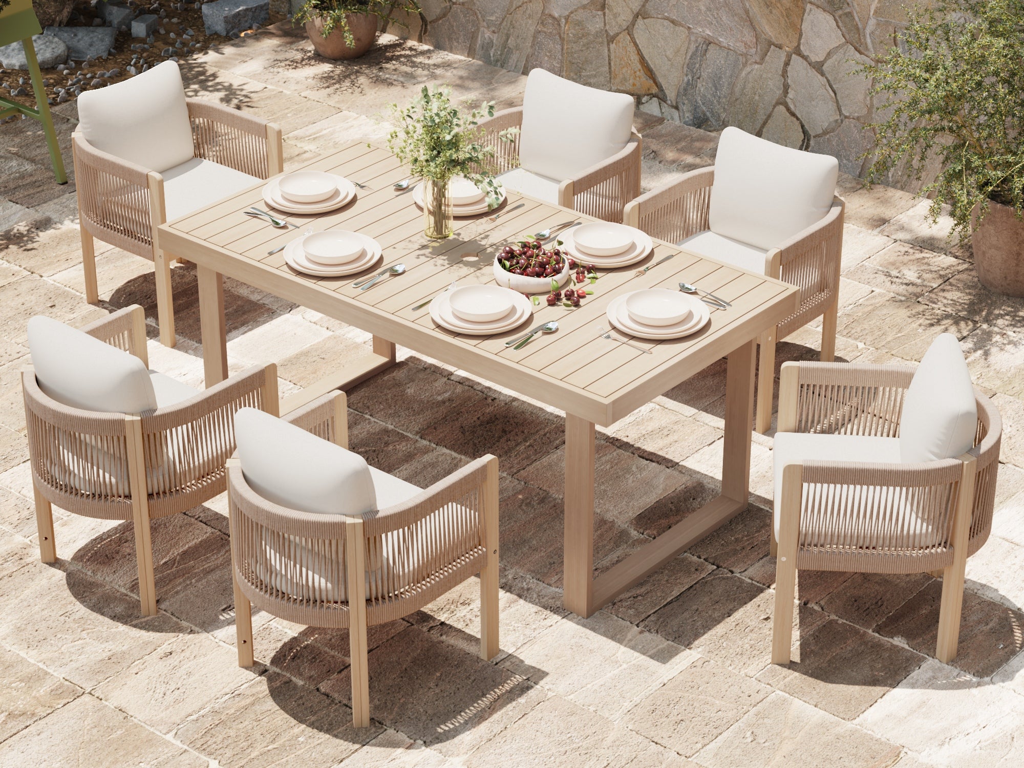 Foristern 67‘’ Wooden Outdoor Dining Set with Umbrella Hole for 4-6 People, Sled-Leg Design