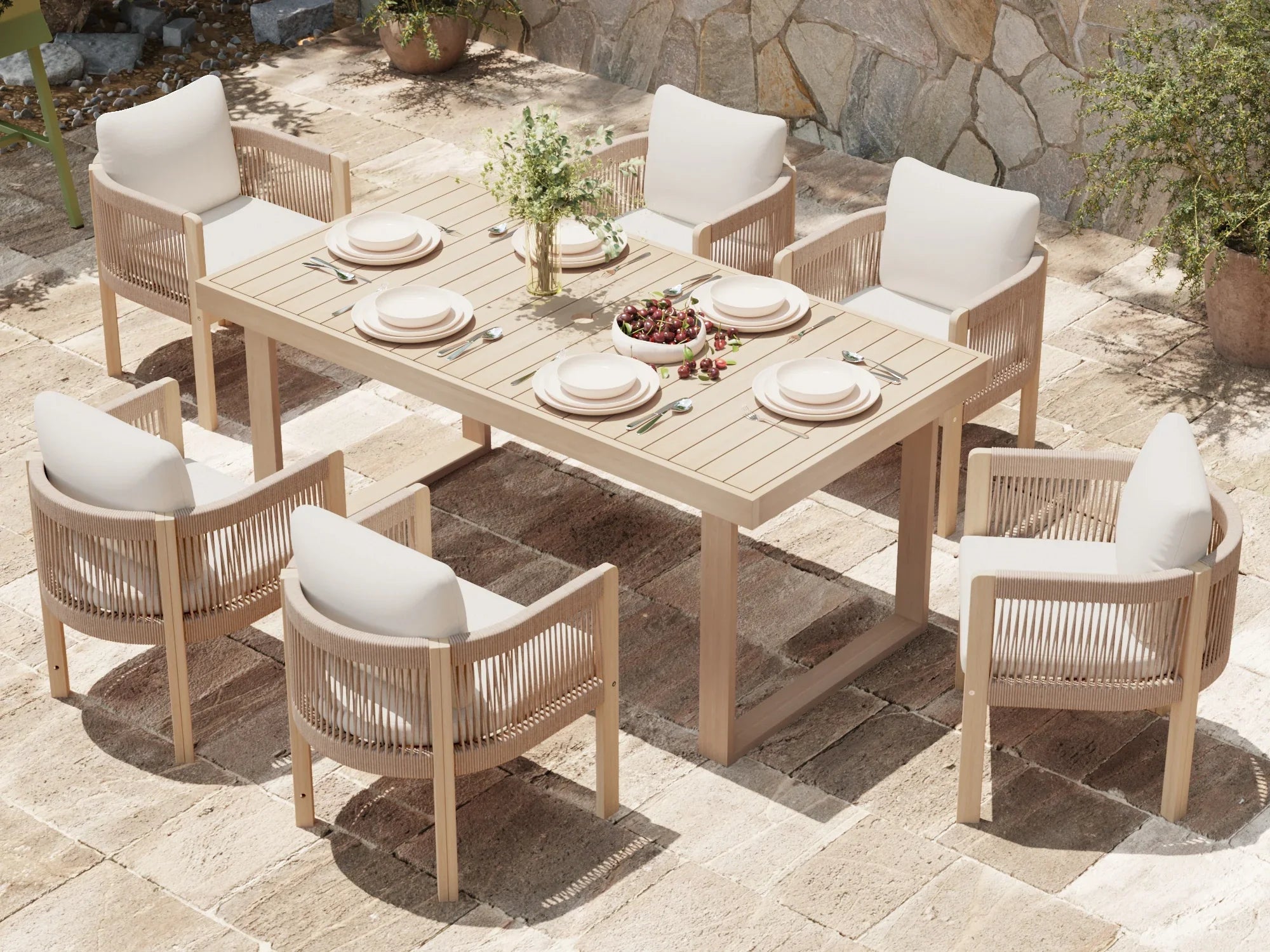 acacia wood and rope Outdoor dining set for 6 people with umbrella hole - Jardina Premium Modern Outdoor Dining Furniture