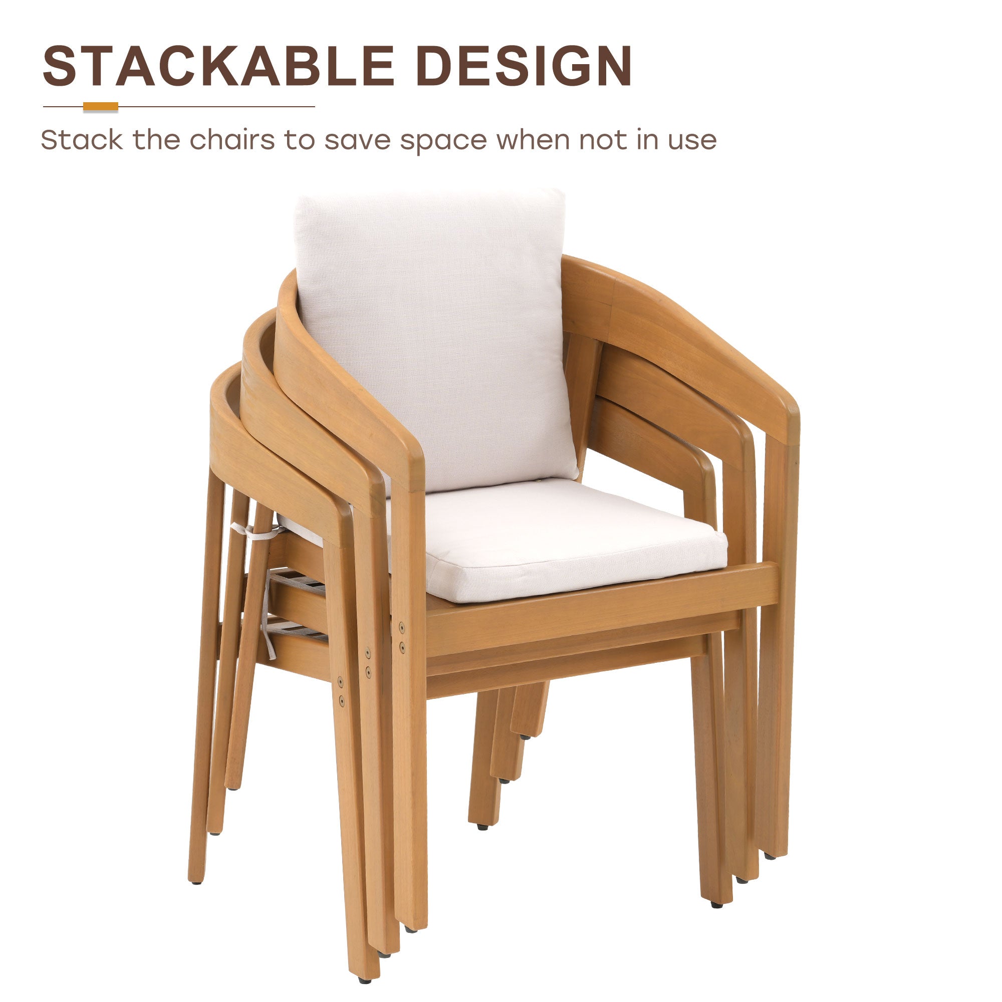Stackable wooden chairs with white cushions - Jardina’s Modern Premium Outdoor Furniture