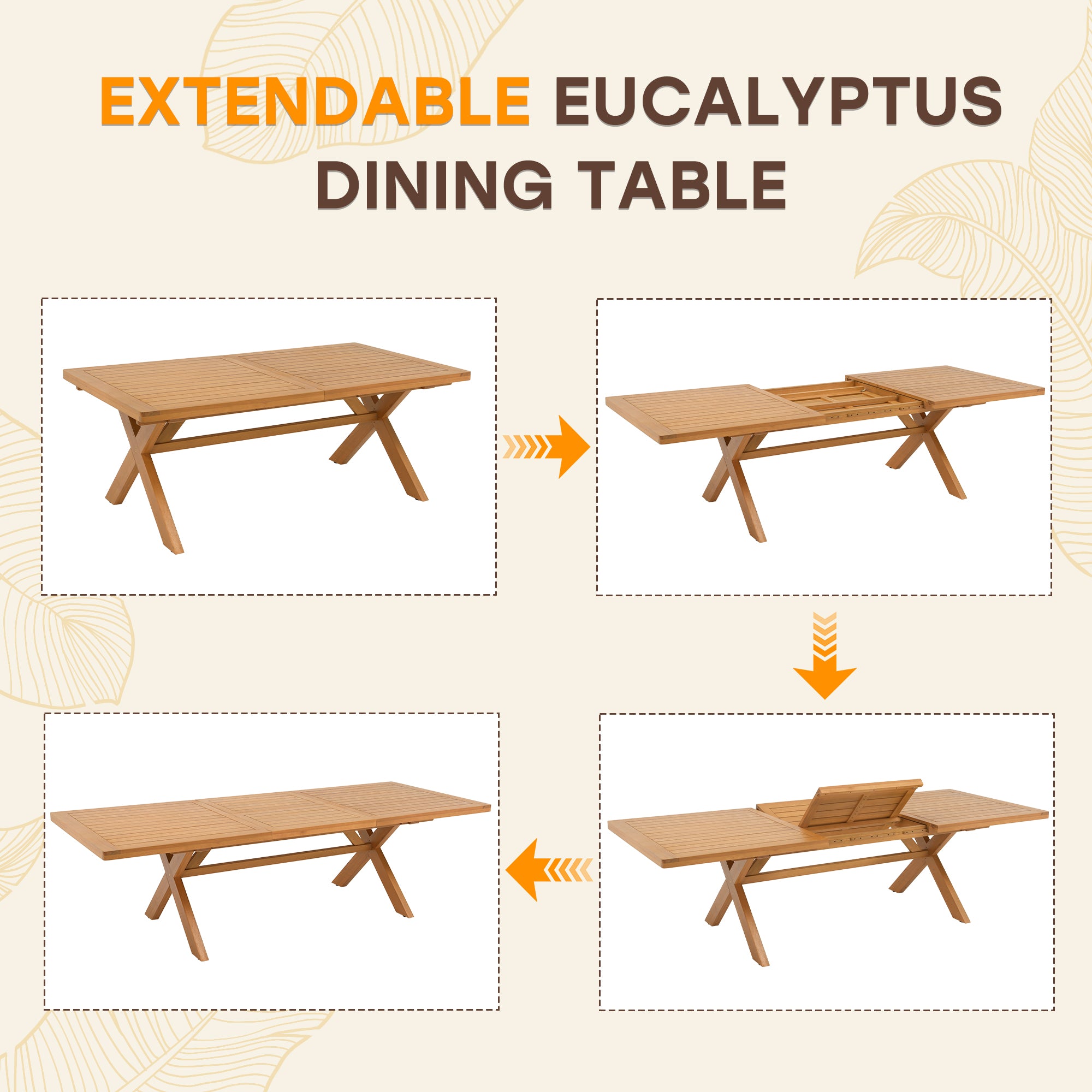 Extendable eucalyptus dining table with stages of extension shown - Jardina’s Modern Premium Outdoor Furniture
