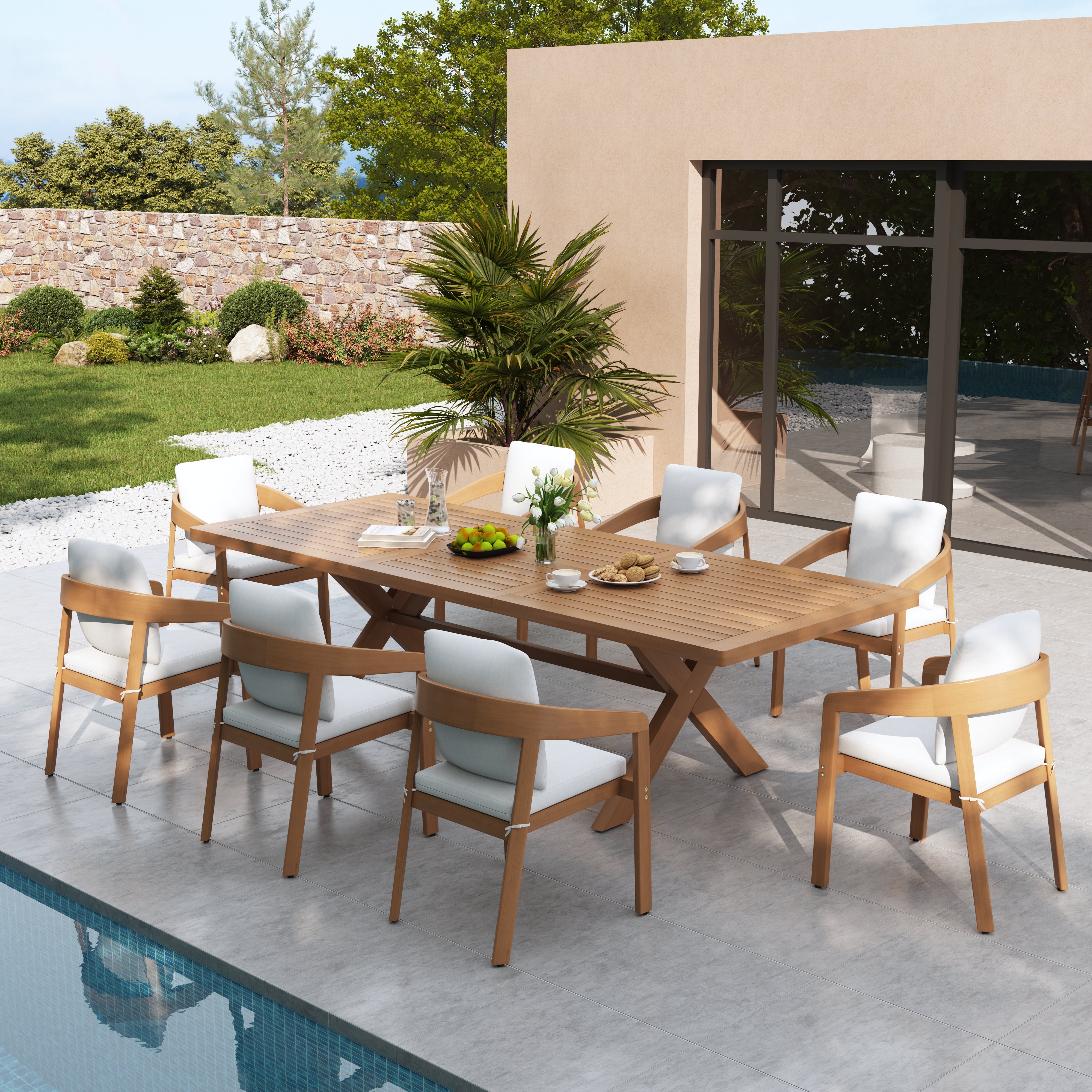 9pcs Outdoor dining set with eucalyptus wooden table and chairs by a poolside - Jardina’s Modern Premium Outdoor Furniture