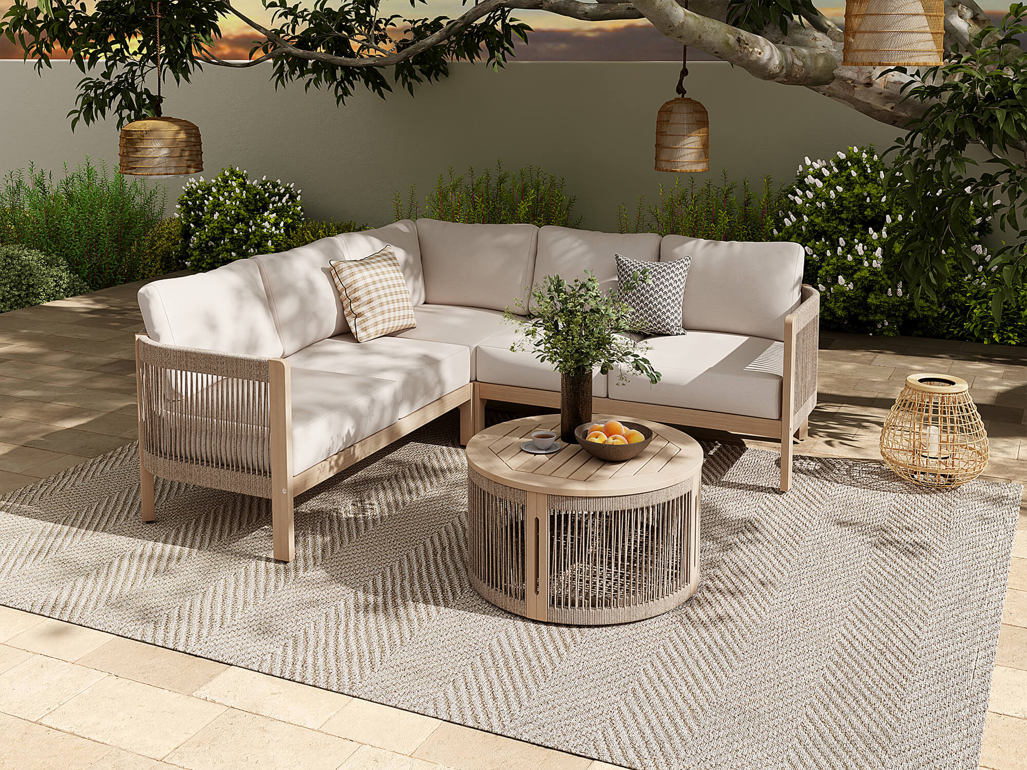 acacia wood and rope Outdoor patio furniture set with sectional sofa, round coffee table - Jardina Modern Premium Outdoor Patio Furniture Sets