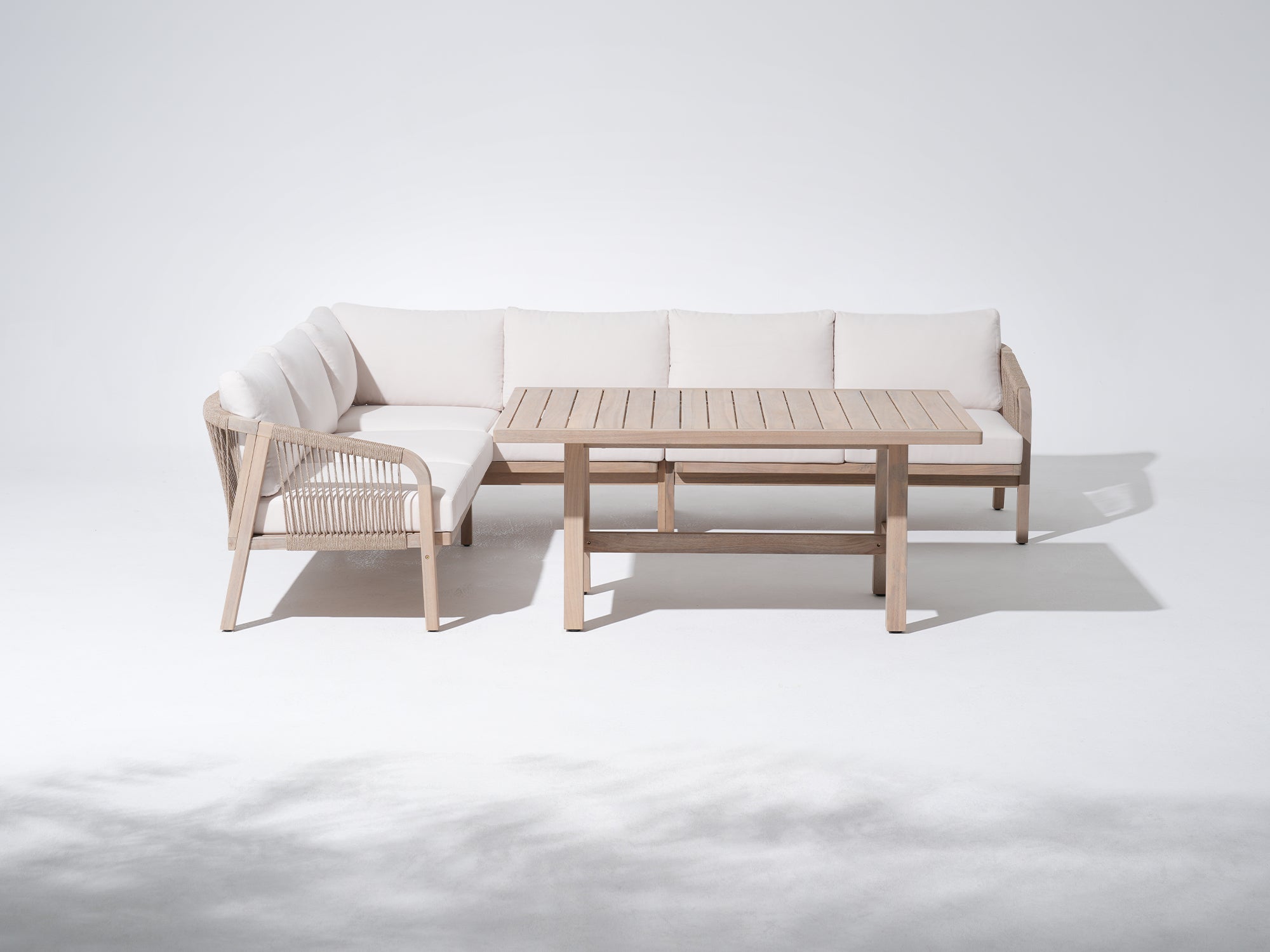 Foristern Modular Wood Corner Sofa with Rope Design, Ottomans & Multi-Use Table