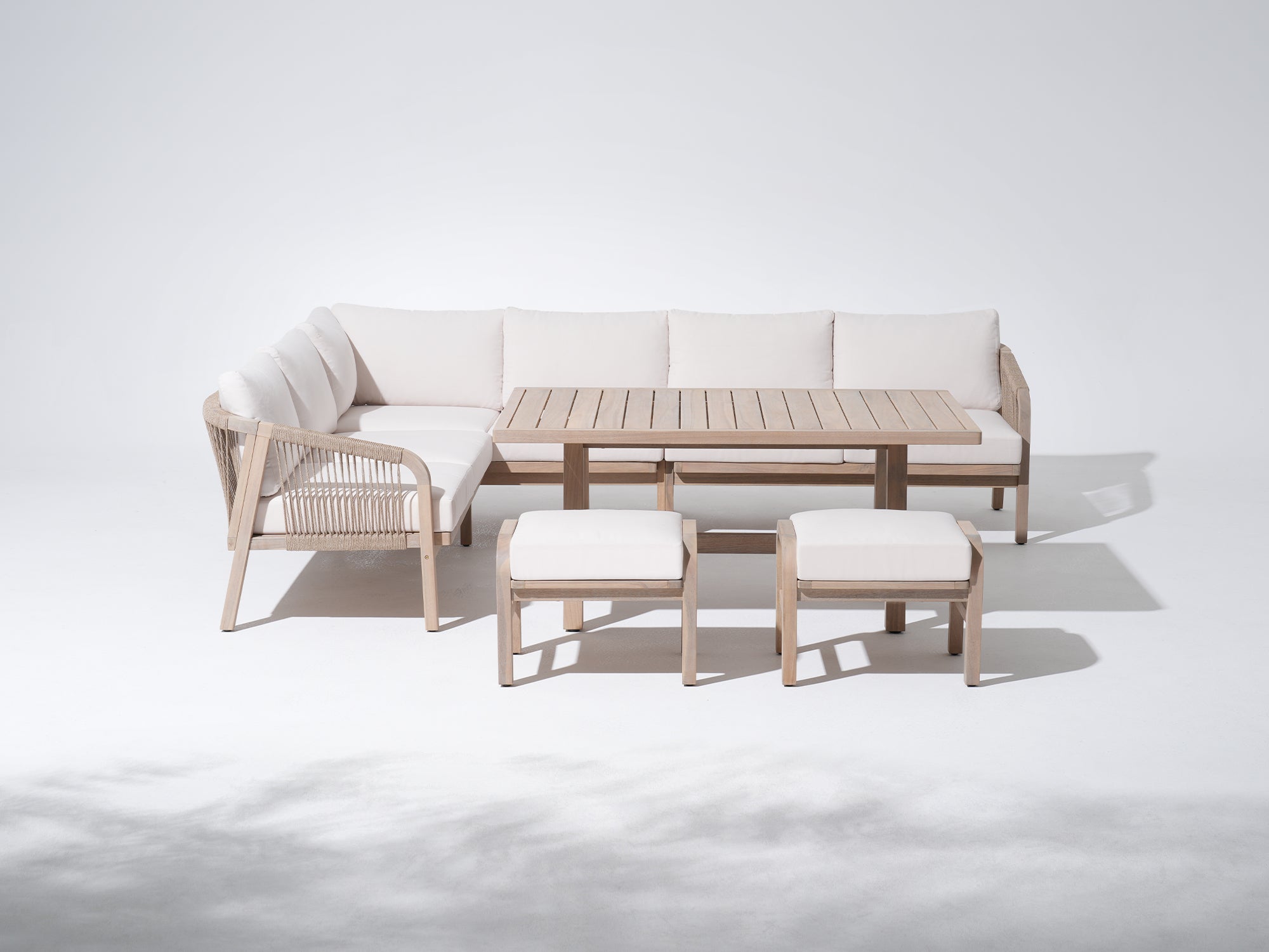7 seats L-shaped Modular acacia Wood Corner Sofa with Dining Table and Ottomans - Jardina Modern Premium Outdoor Patio Furniture Sets