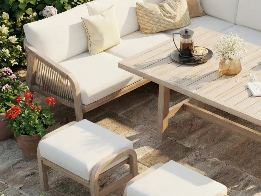 Outdoor patio lounge set with acacia wooden frames, cushions, and a dining table - Jardina Modern Premium Outdoor Patio Furniture Sets