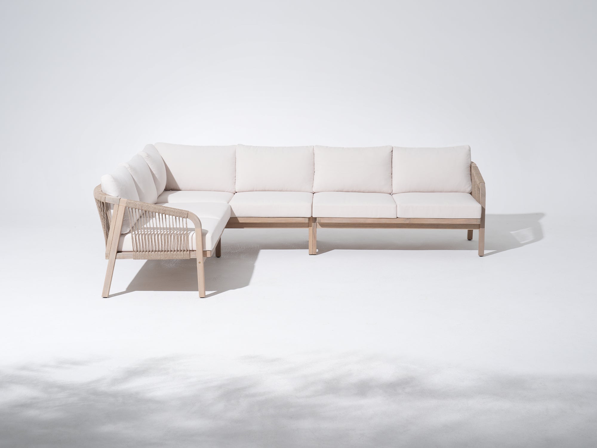 Modern acacia wood outdoor sectional sofa with white cushions - Jardina Modern Premium Outdoor Patio Furniture Sets
