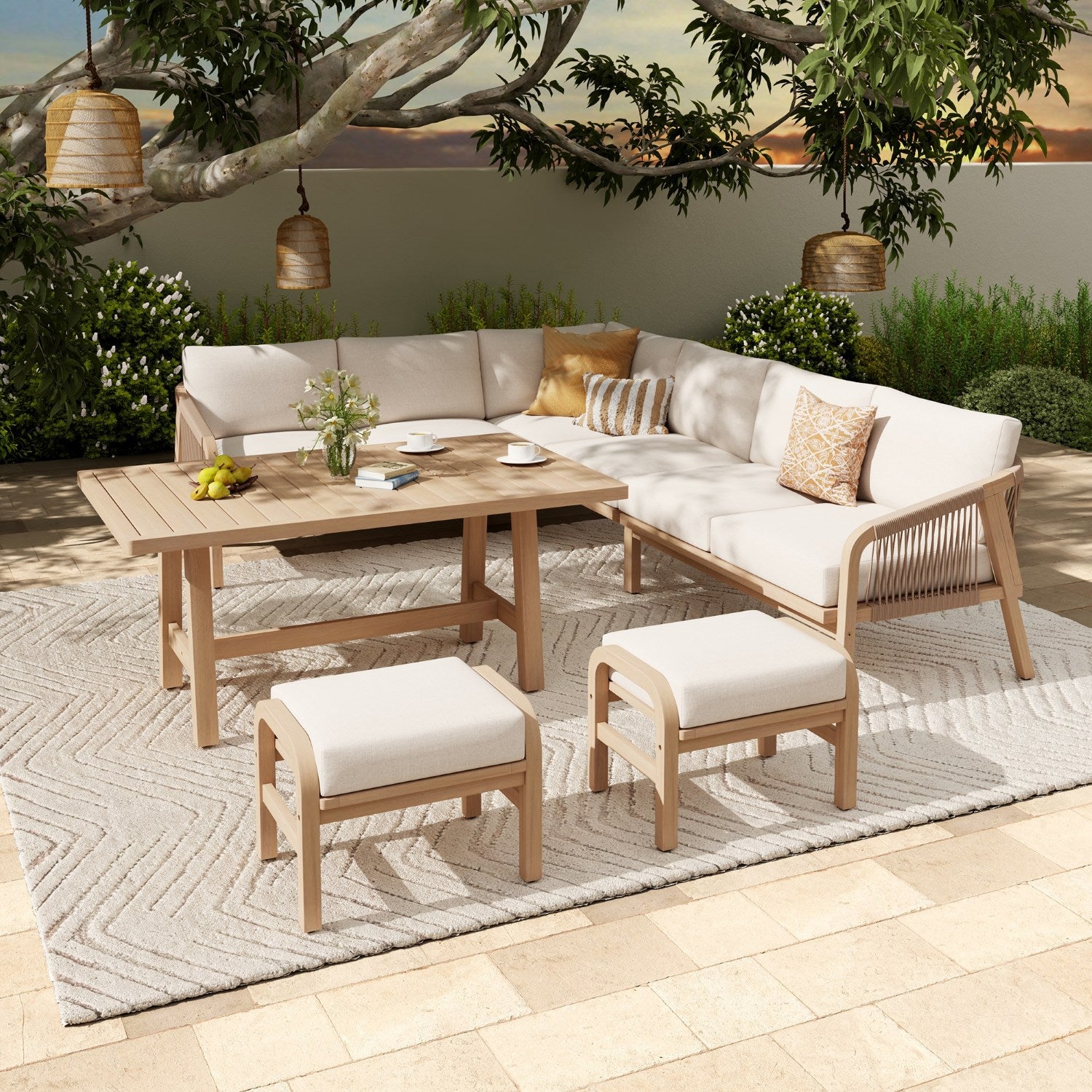 acacia wood l-shaped Outdoor patio conversation sectional sets with dining table and stools, beige cushions - Jardina Modern Premium Outdoor Patio Furniture Sets