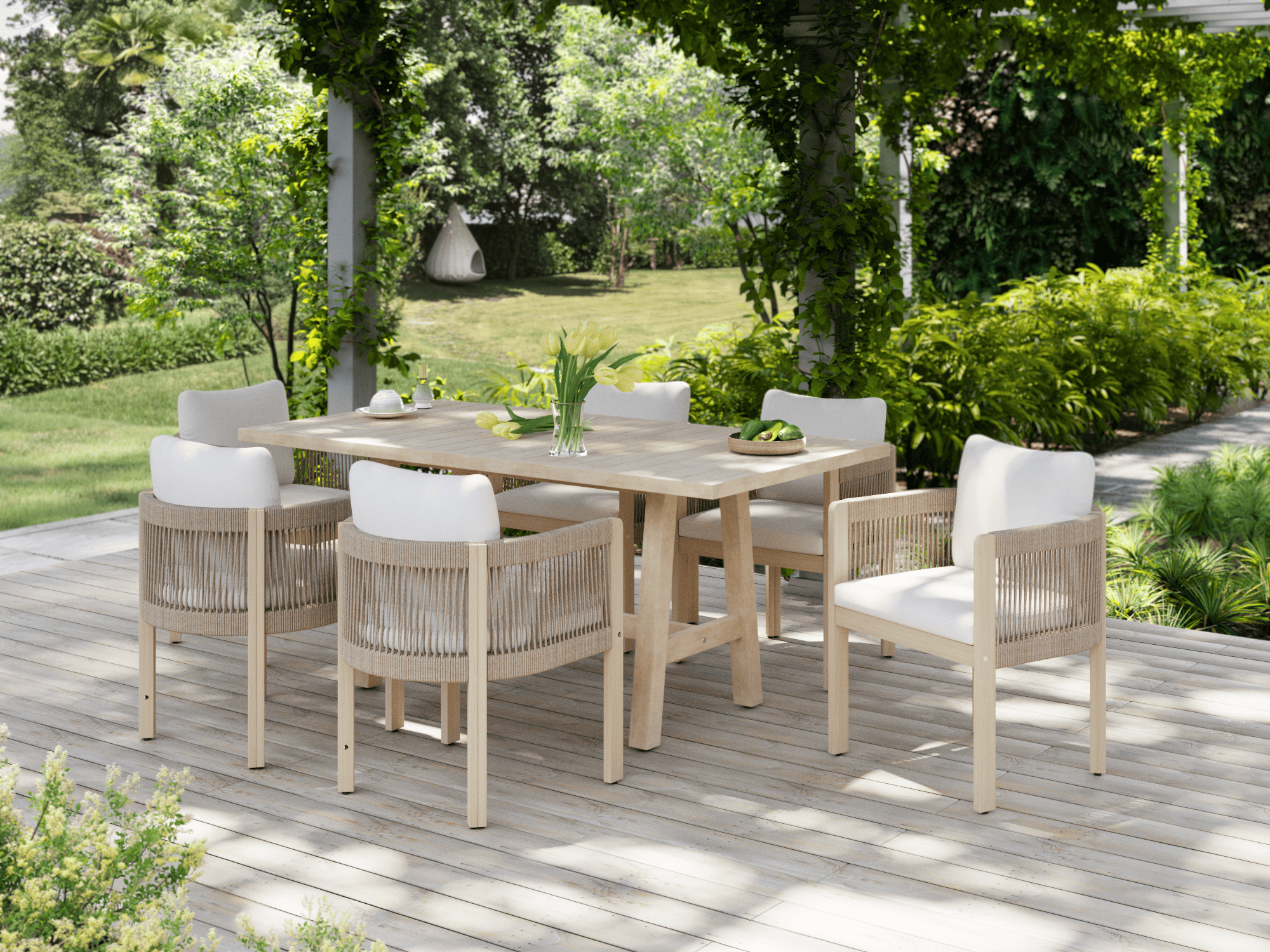 Outdoor dining set with acacia wooden table and chairs on a deck surrounded by greenery- Jardina Modern Premium Outdoor Patio Furniture Sets