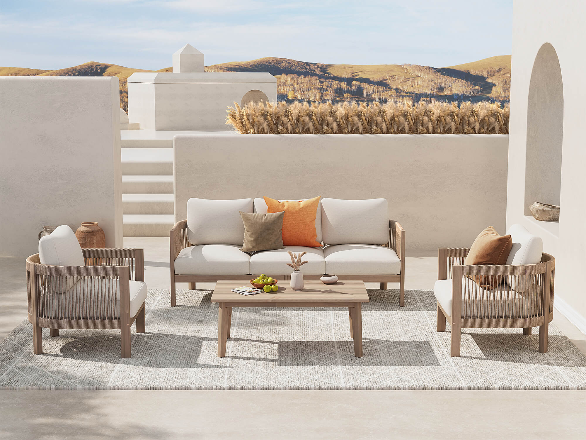 4-pc Acacia Wooden Outdoor conversation Sets with Rope Design- Jardina Modern Premium Outdoor Patio Furniture Sets
