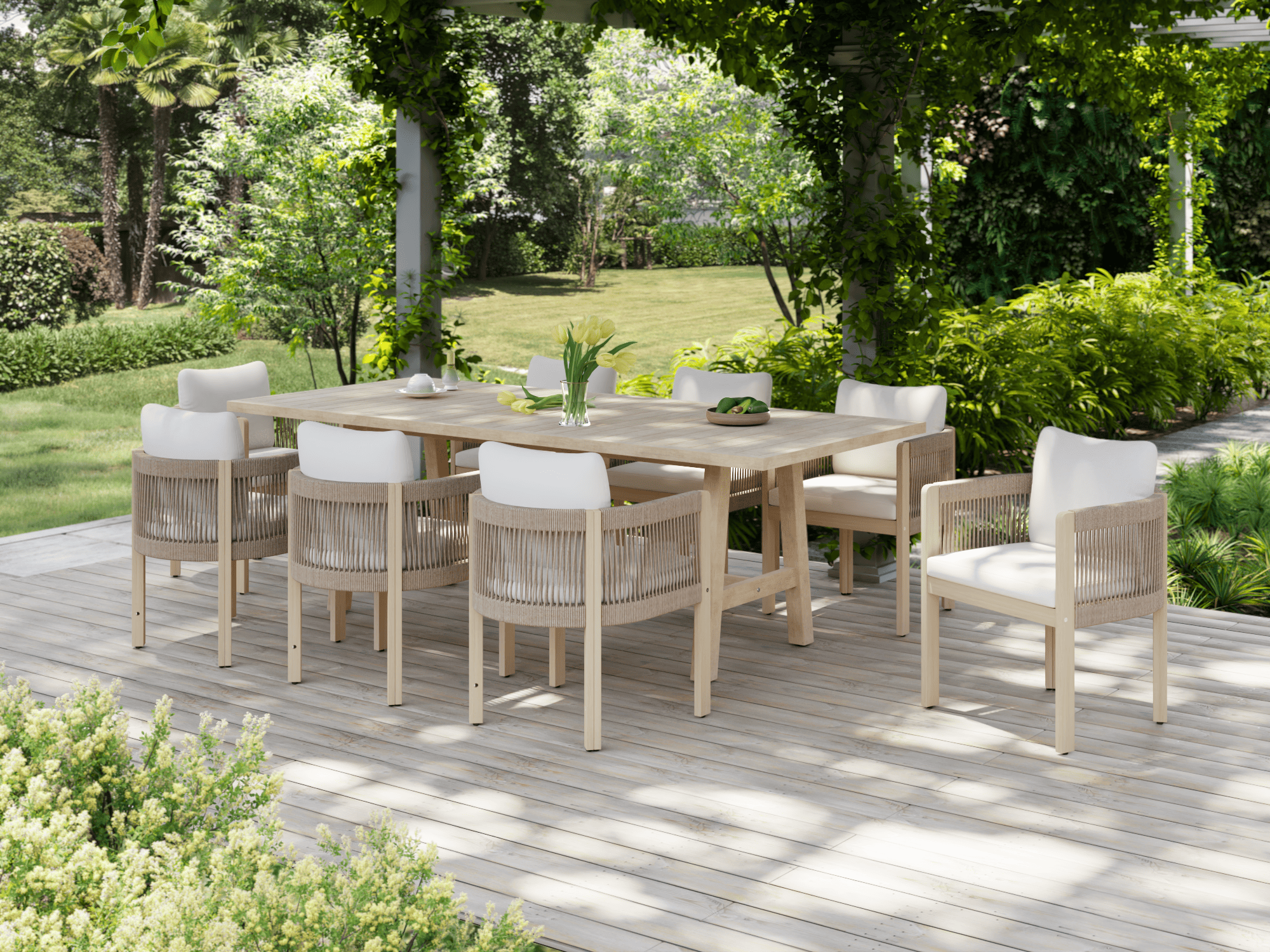 9pcs Outdoor patio dining set with a table and chairs on a wooden deck surrounded by greenery - Jardina Modern Premium Outdoor Patio Furniture Sets