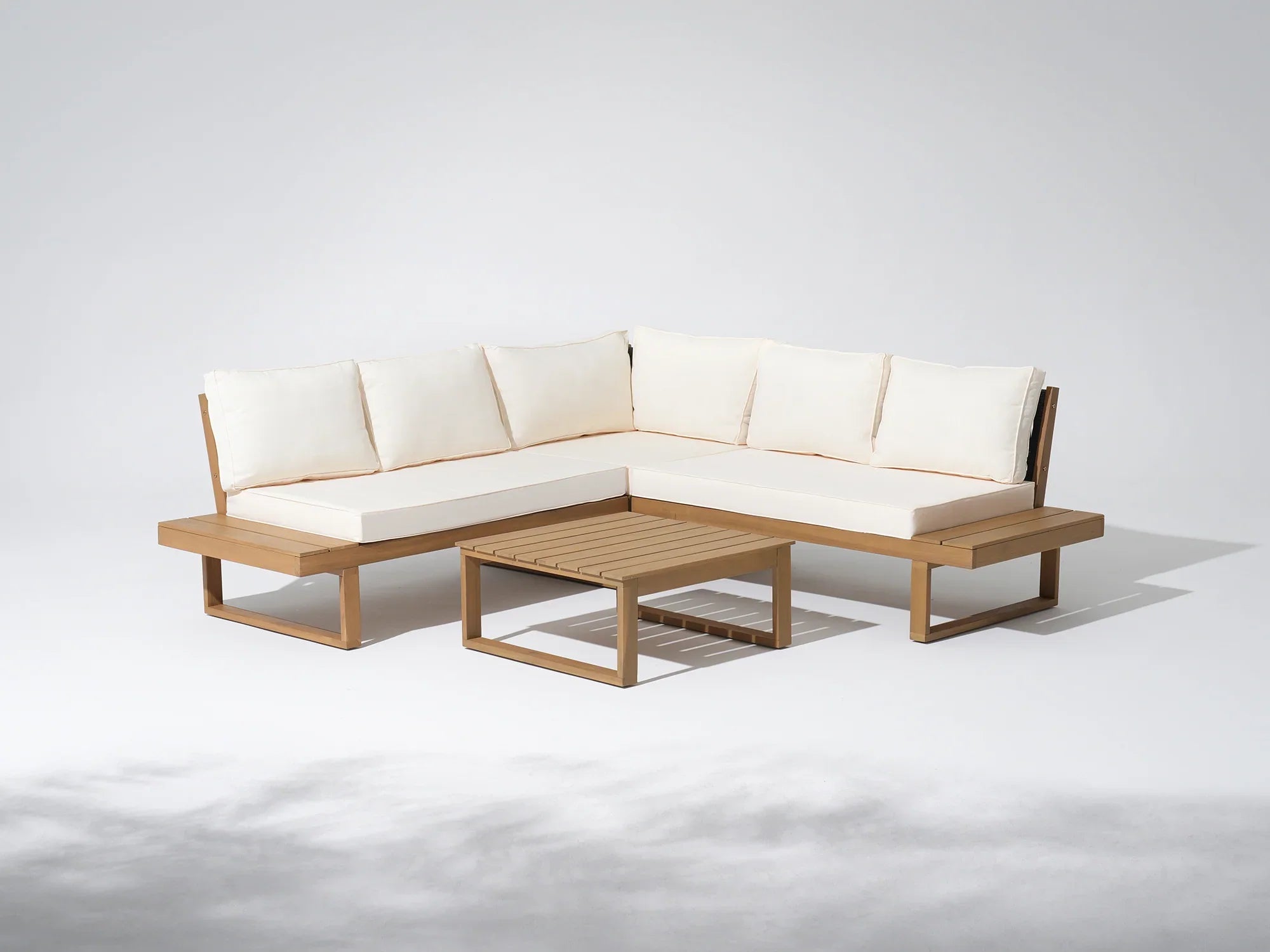 acacia Wooden outdoor sofa lounge set with white cushions - Jardina Modern Premium Outdoor Patio Furniture Sets