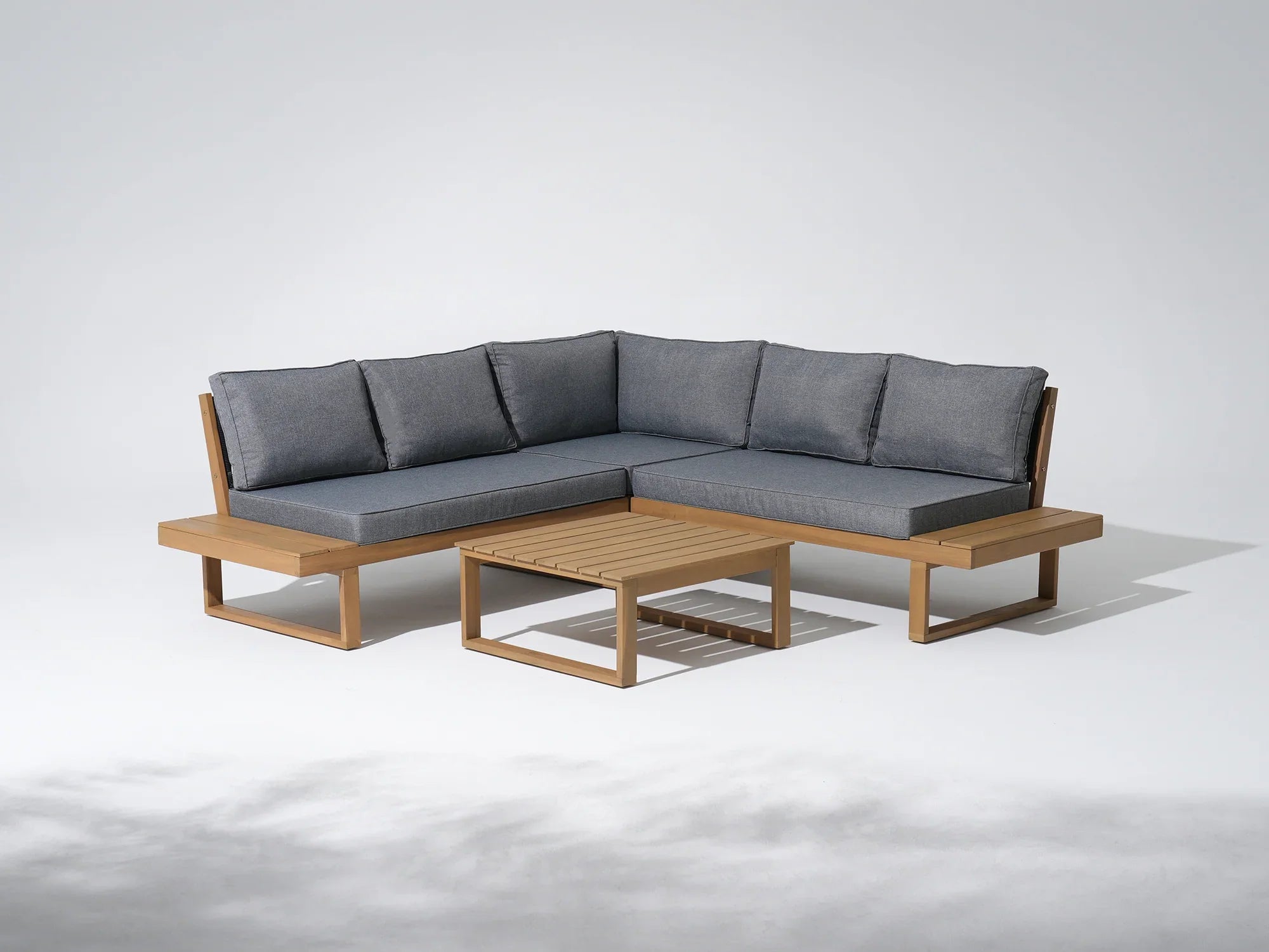 Sectional outdoor sofa with acacia wooden frame and gray cushions#color_grey