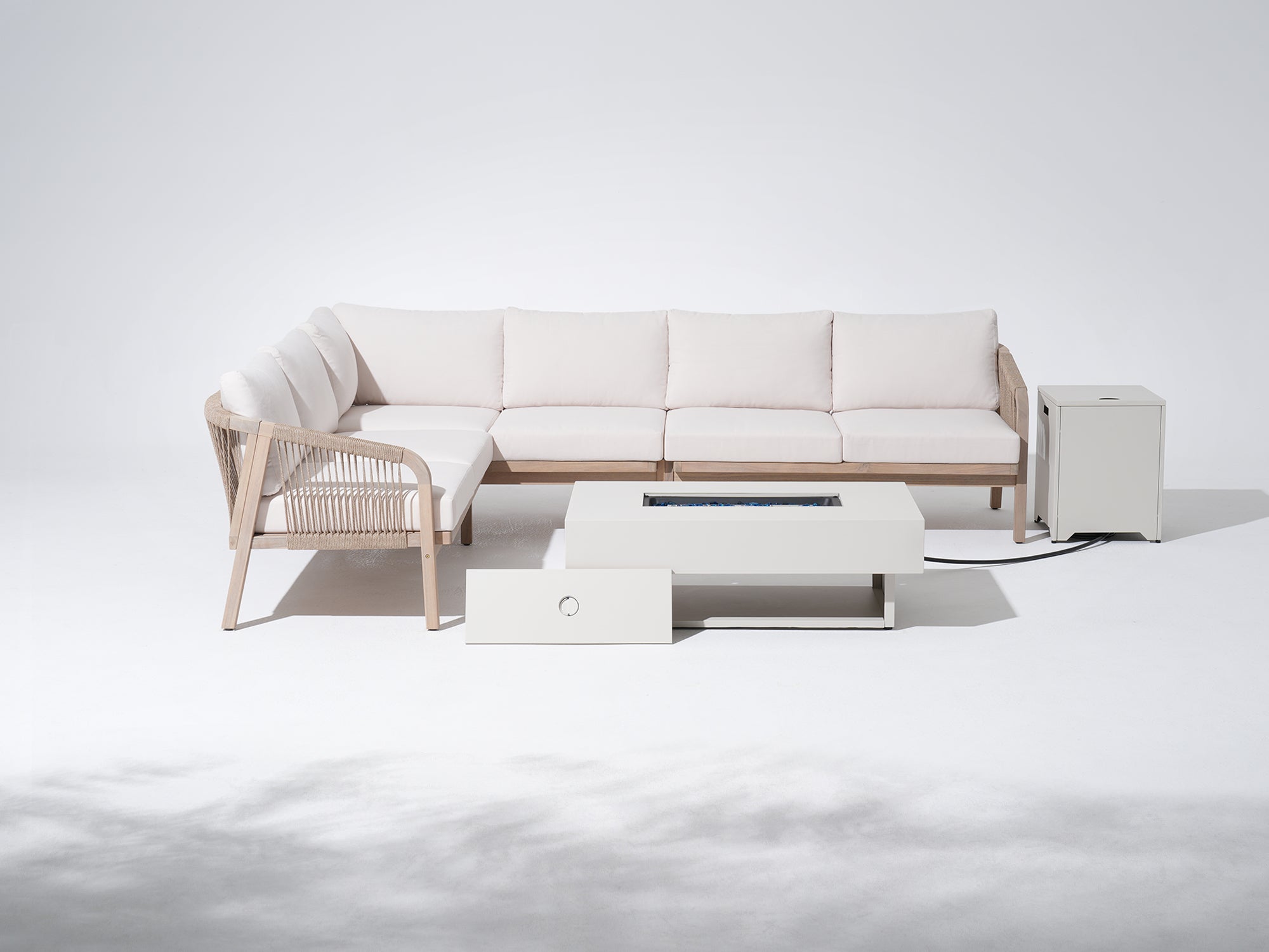 Modular acacia Wood Corner Sofa with Fire Pit table, Rope Design, l-shaped outdoor furniture conversation set with cushions - Jardina Modern Premium Outdoor Patio Furniture Sets