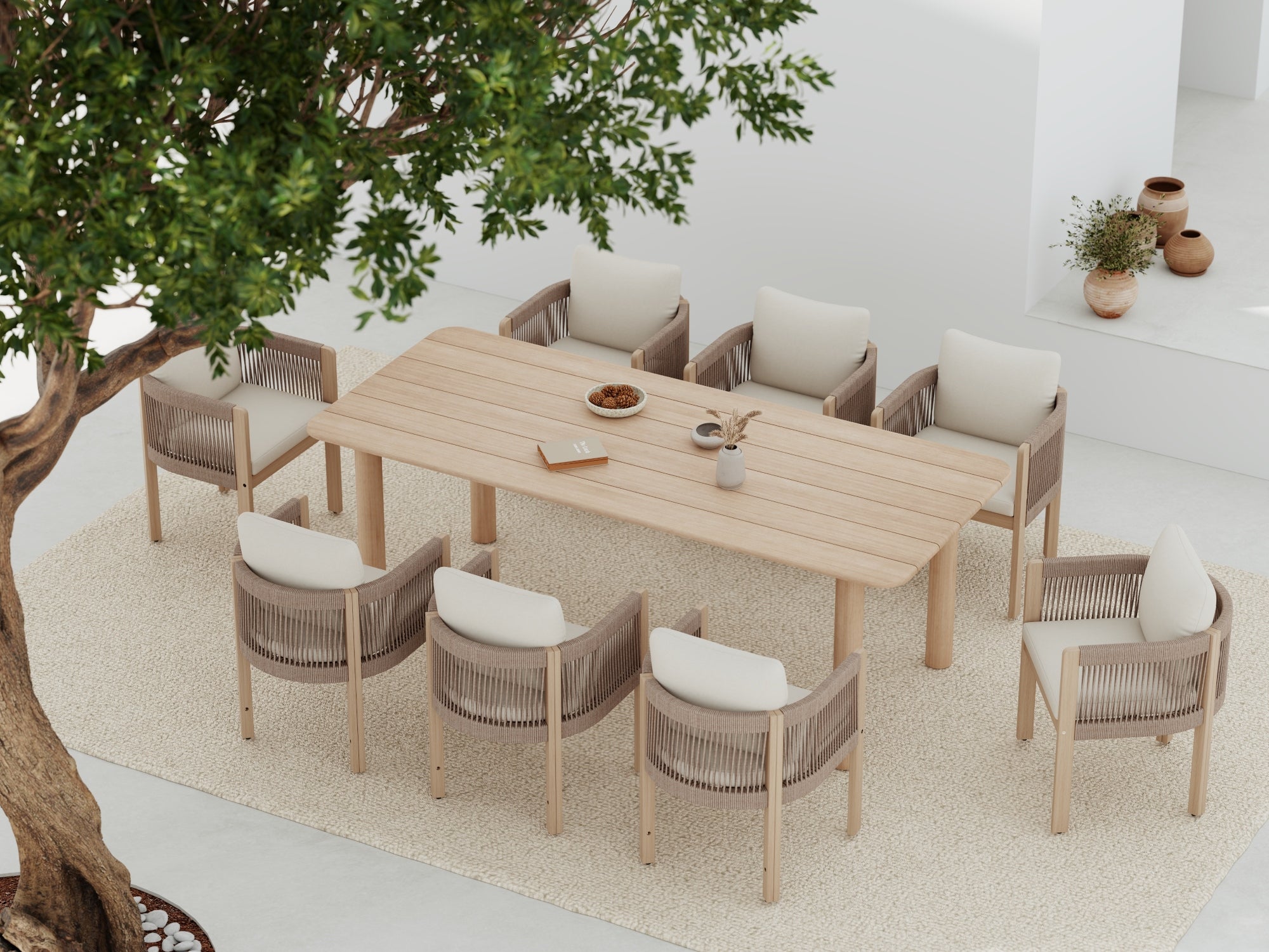 Foristern Wooden Outdoor Dining Set for 6-8 People, 86.6" Slatted Table with Rounded Edges
