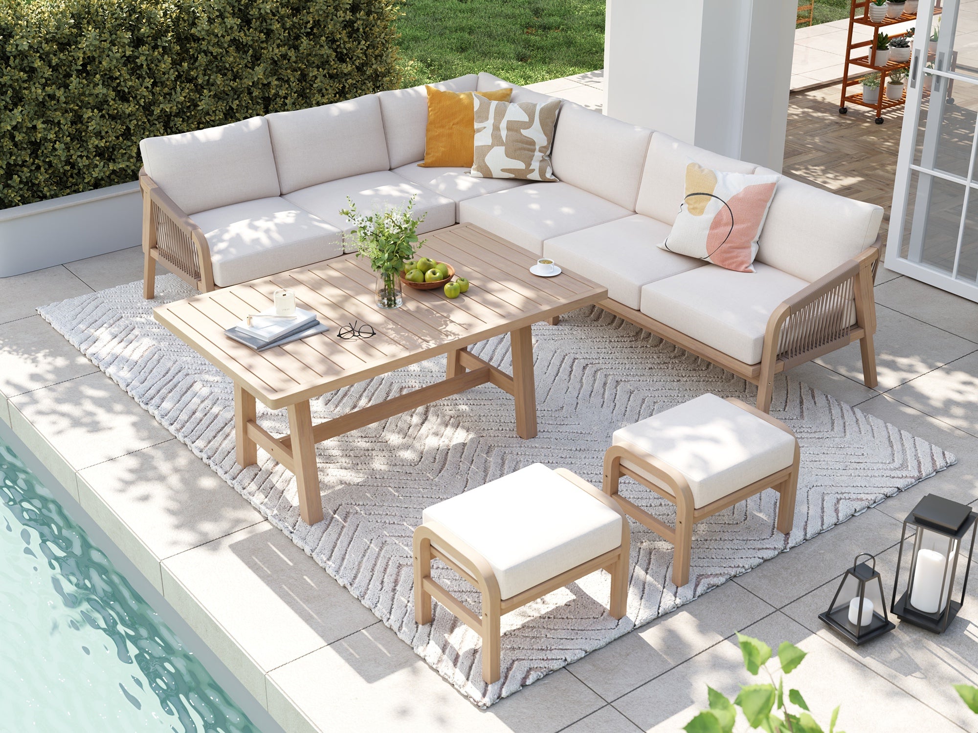 acacia wood Outdoor patio furniture conversation lounge set with l-shaped sectional sofa, dining table, and ottomans - Jardina Modern Premium Outdoor Patio Furniture Sets