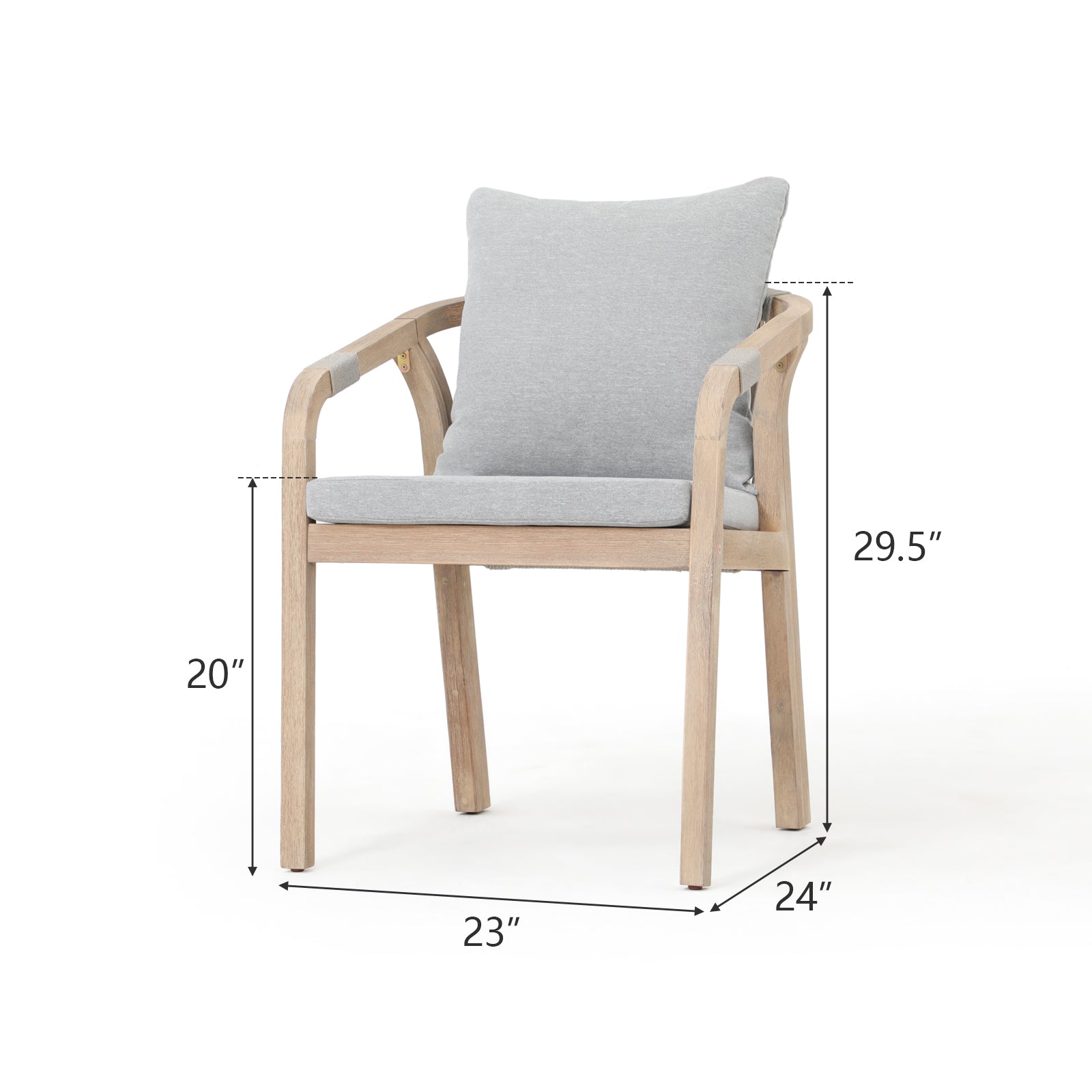 Thalea Wooden Outdoor Patio Dining dining chairs with gray seat and back cushions, gray rope design, dimension - Jardina Premium Modern Outdoor Patio Dining Furniture