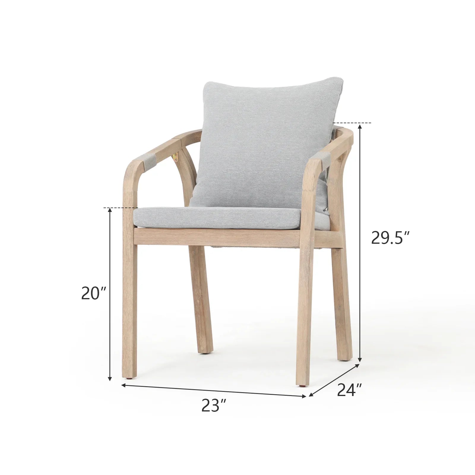 Thalea Wooden Outdoor Patio Dining dining chairs with gray seat and back cushions, gray rope design, dimension - Jardina Premium Modern Outdoor Patio Dining Furniture