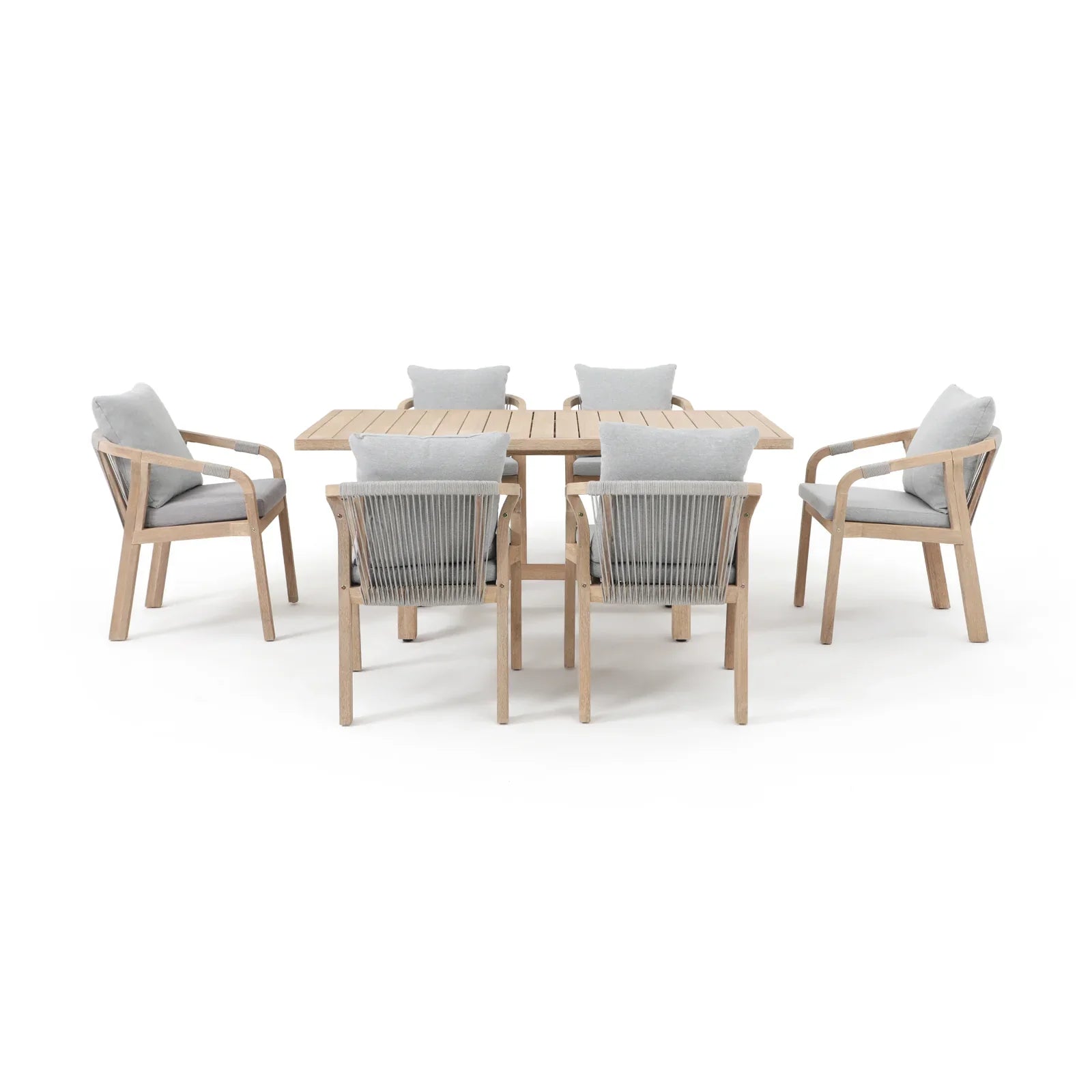 Wooden Outdoor Patio Dining Set For 6, a rectangular acacia wood outdoor dining table and 6 patio dining chairs with gray seat and back cushions, gray rope design - Jardina Premium Modern Outdoor Patio Dining Furniture Set