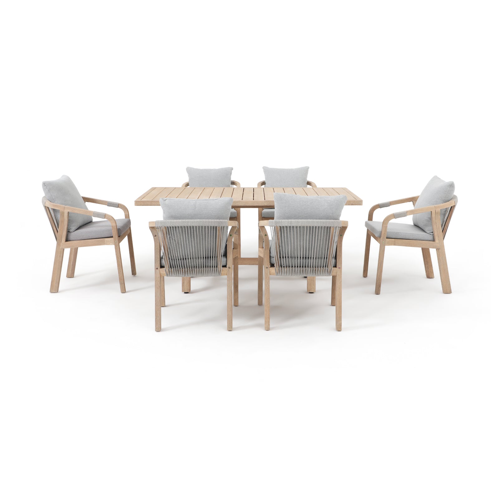 Wooden Outdoor Patio Dining Set For 6, a rectangular acacia wood outdoor dining table and 6 patio dining chairs with gray seat and back cushions, gray rope design - Jardina Premium Modern Outdoor Patio Dining Furniture Set