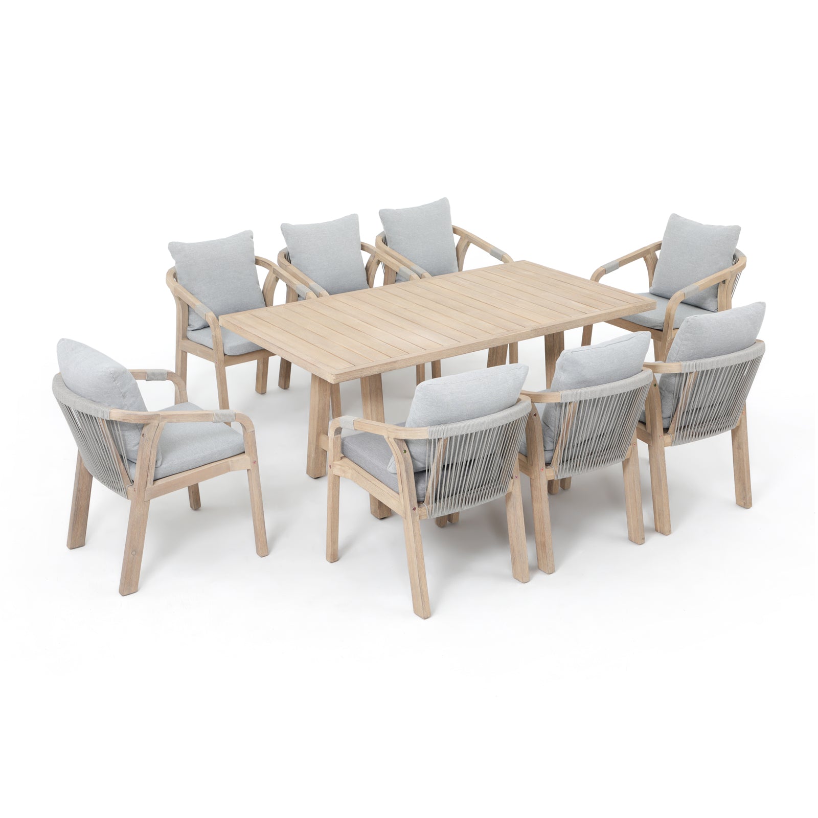 Thalea modern outdoor dining set for 8 people, wood and rope design - Jardina Premium Modern Outdoor Dining Furniture