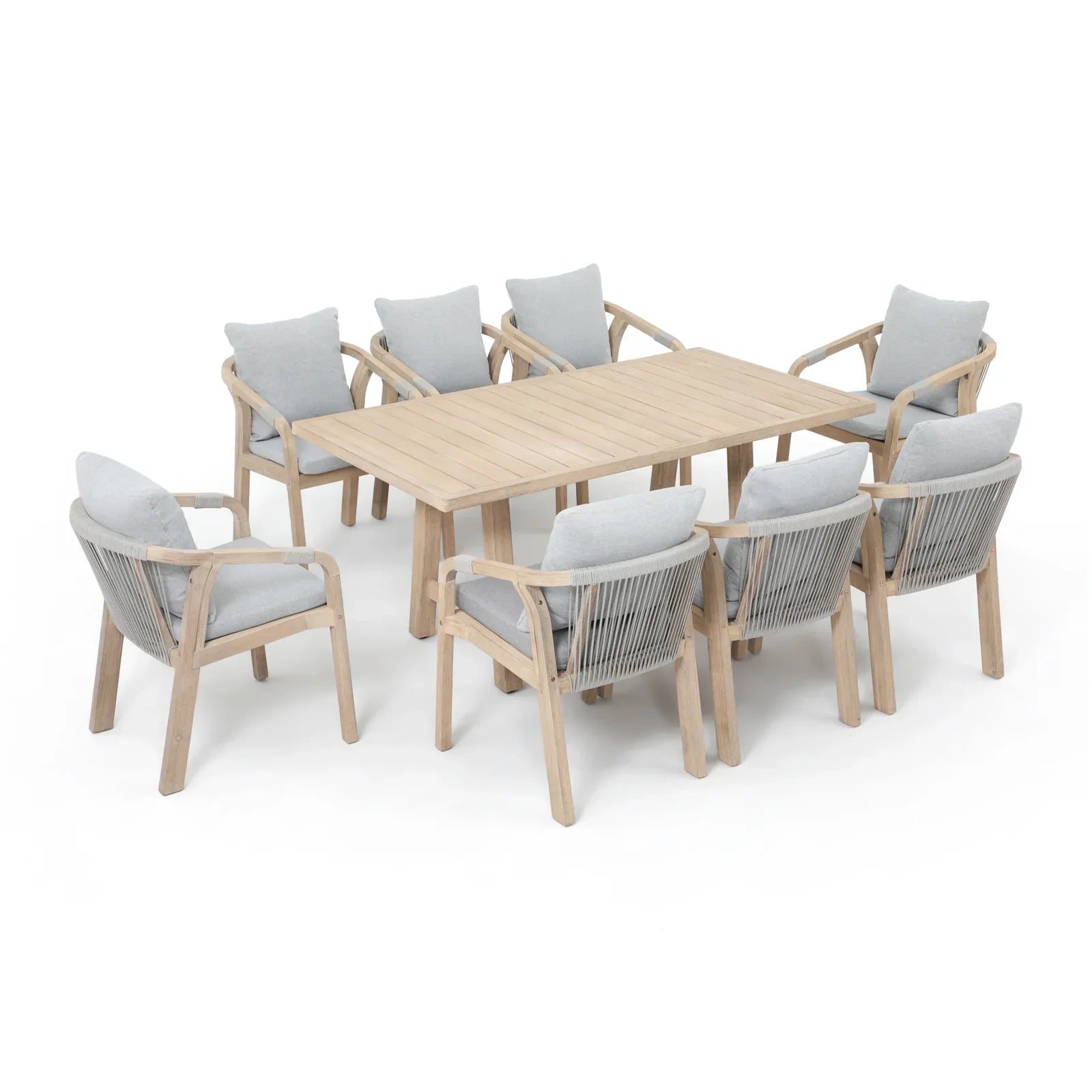 Thalea modern outdoor dining set for 8 people, wood and rope design - Jardina Premium Modern Outdoor Dining Furniture