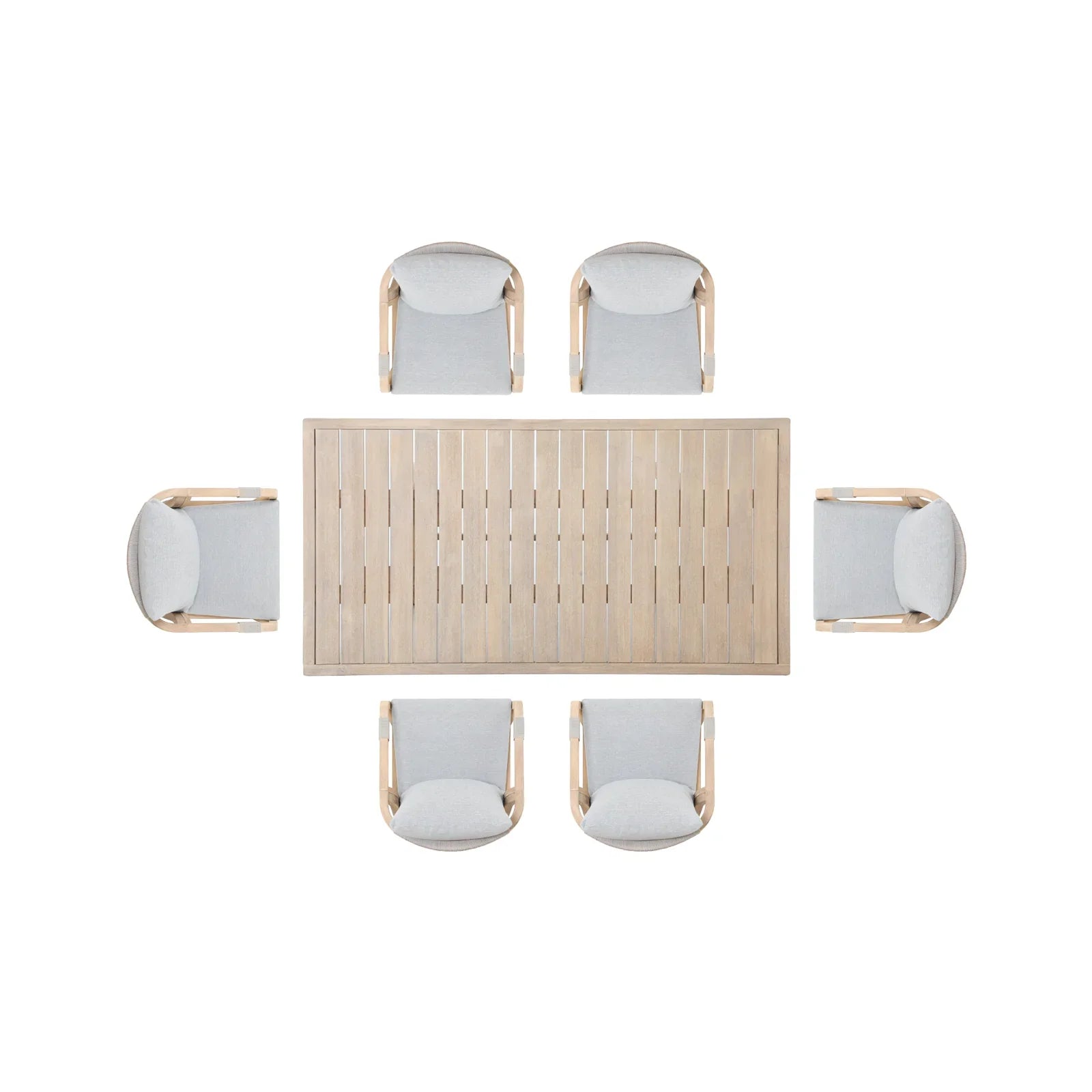 Thalea modern Outdoor dining table set for 6 people, top view.