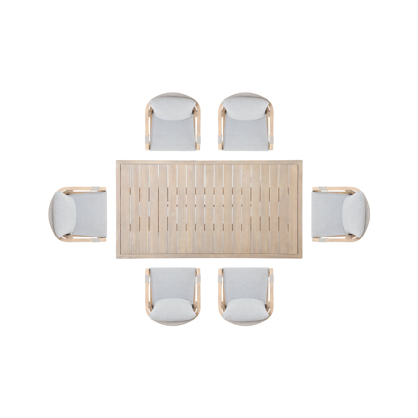 Thalea modern Outdoor dining table set for 6 people, top view.