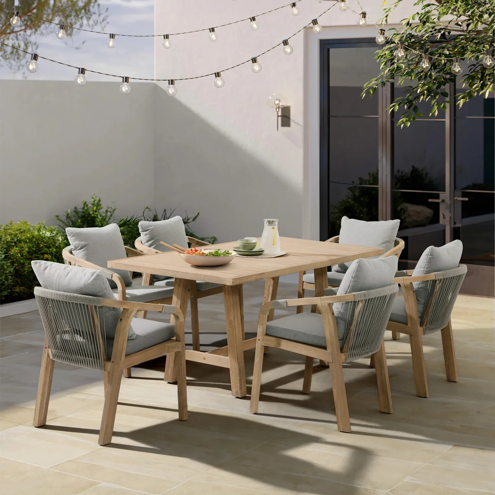 Wooden Outdoor Patio Dining Set For 6, a rectangular acacia wood outdoor dining table and 6 patio dining chairs with gray seat and back cushions, gray rope design - Jardina Premium Modern Outdoor Patio Dining Furniture Set