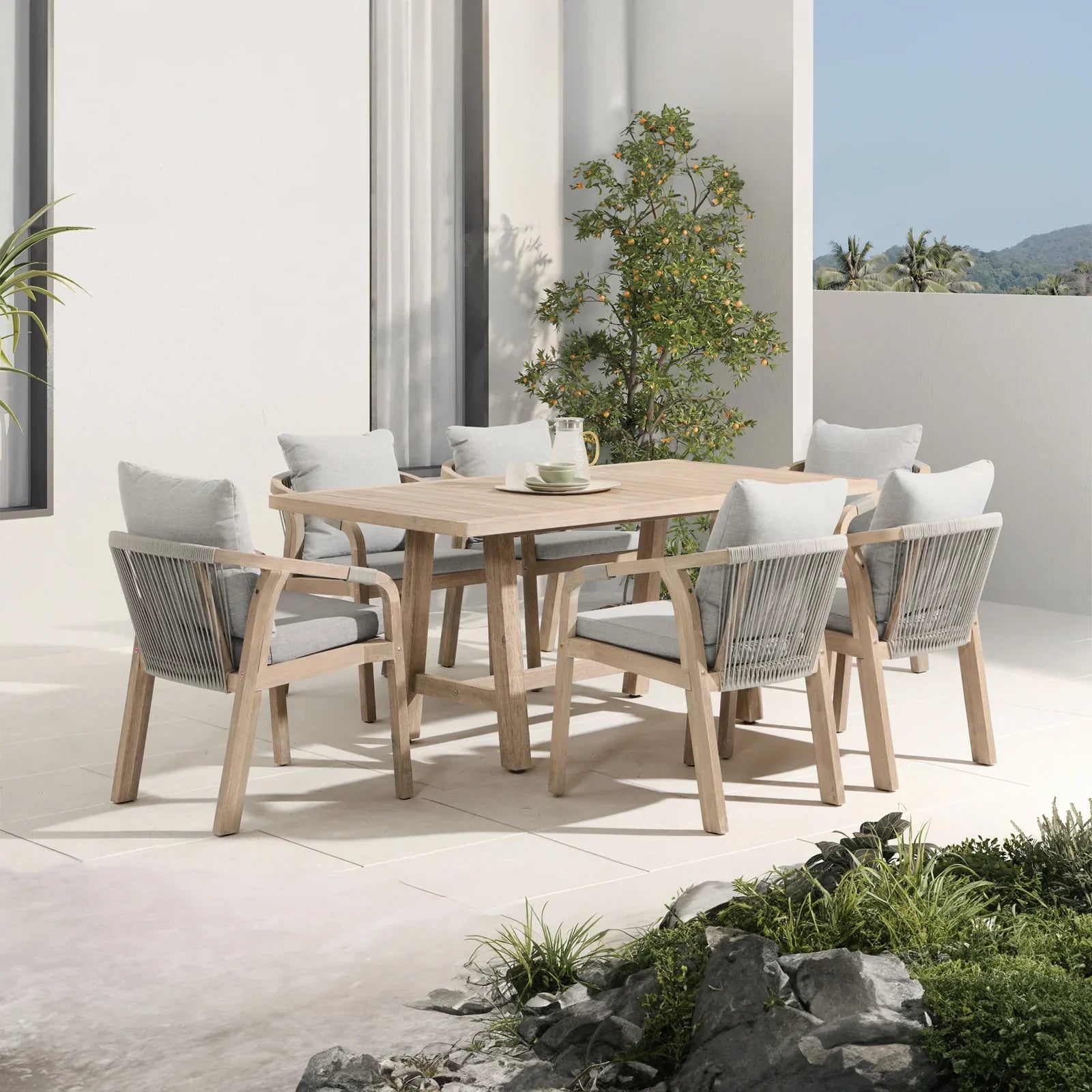 Wooden Outdoor Patio Dining Set For 6, a rectangular acacia wood outdoor dining table and 6 patio dining chairs with gray seat and back cushions, gray rope design - Jardina Premium Modern Outdoor Patio Dining Furniture Set