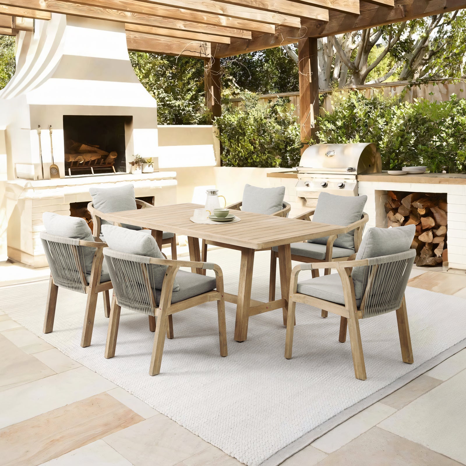 Wooden Outdoor Patio Dining Set For 6, a rectangular acacia wood outdoor dining table and 6 patio dining chairs with gray seat and back cushions, gray rope design - Jardina Premium Modern Outdoor Patio Dining Furniture Set