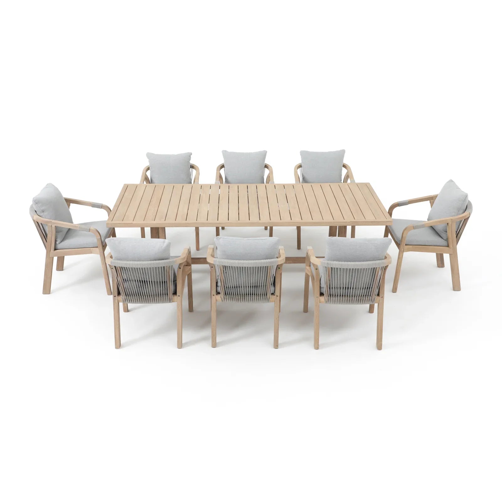 rectangular wood Outdoor furniture set for 8 with rope design chairs and grey cushions - Jardina Premium Modern Outdoor Dining Furniture