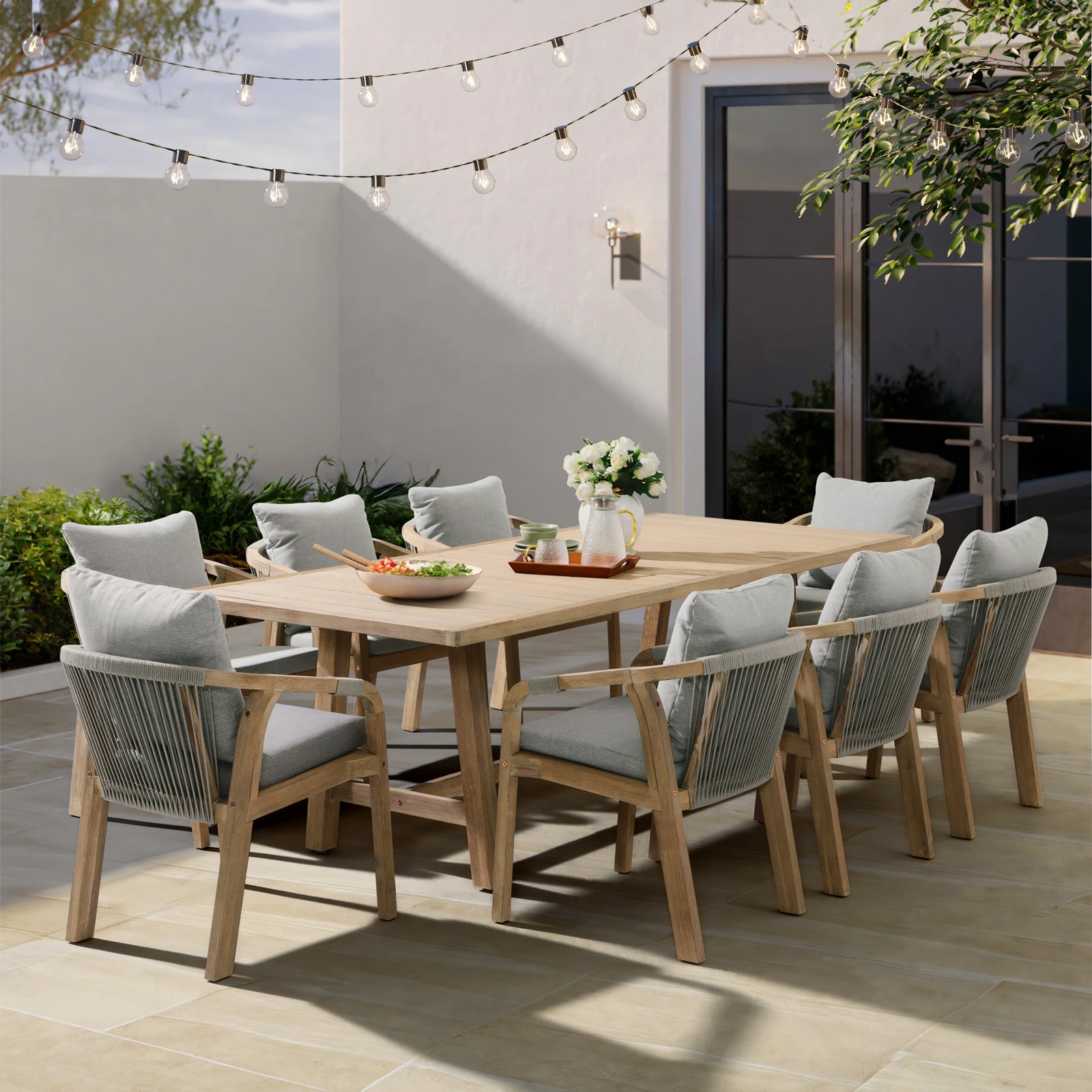 rectangular wood Outdoor furniture set for 8 with umbrella hole and rope design chairs - Jardina Premium Modern Outdoor Dining Furniture