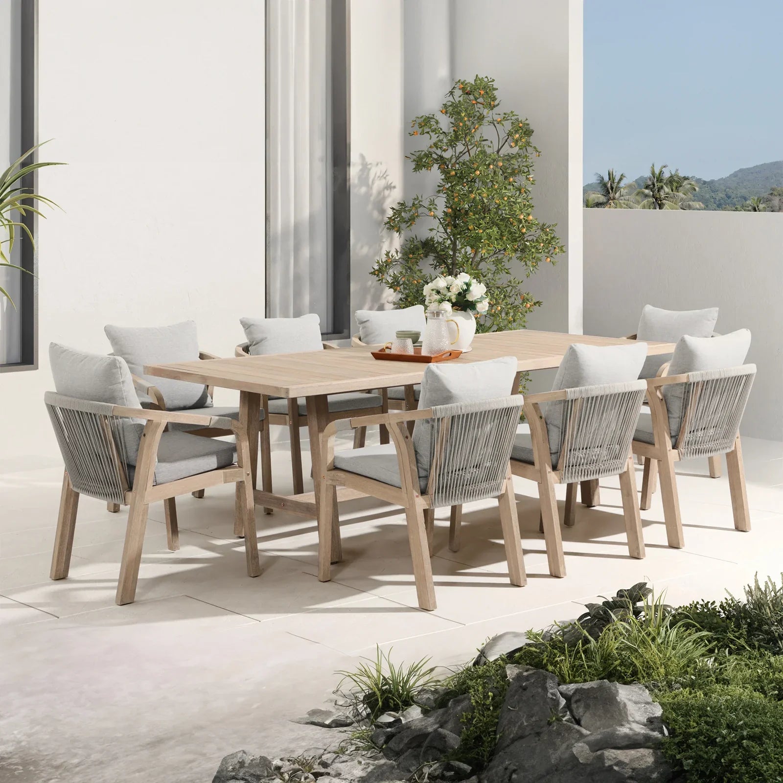 rectangular wood Outdoor furniture set for 8 with umbrella hole and rope design chairs - Jardina Premium Modern Outdoor Dining Furniture