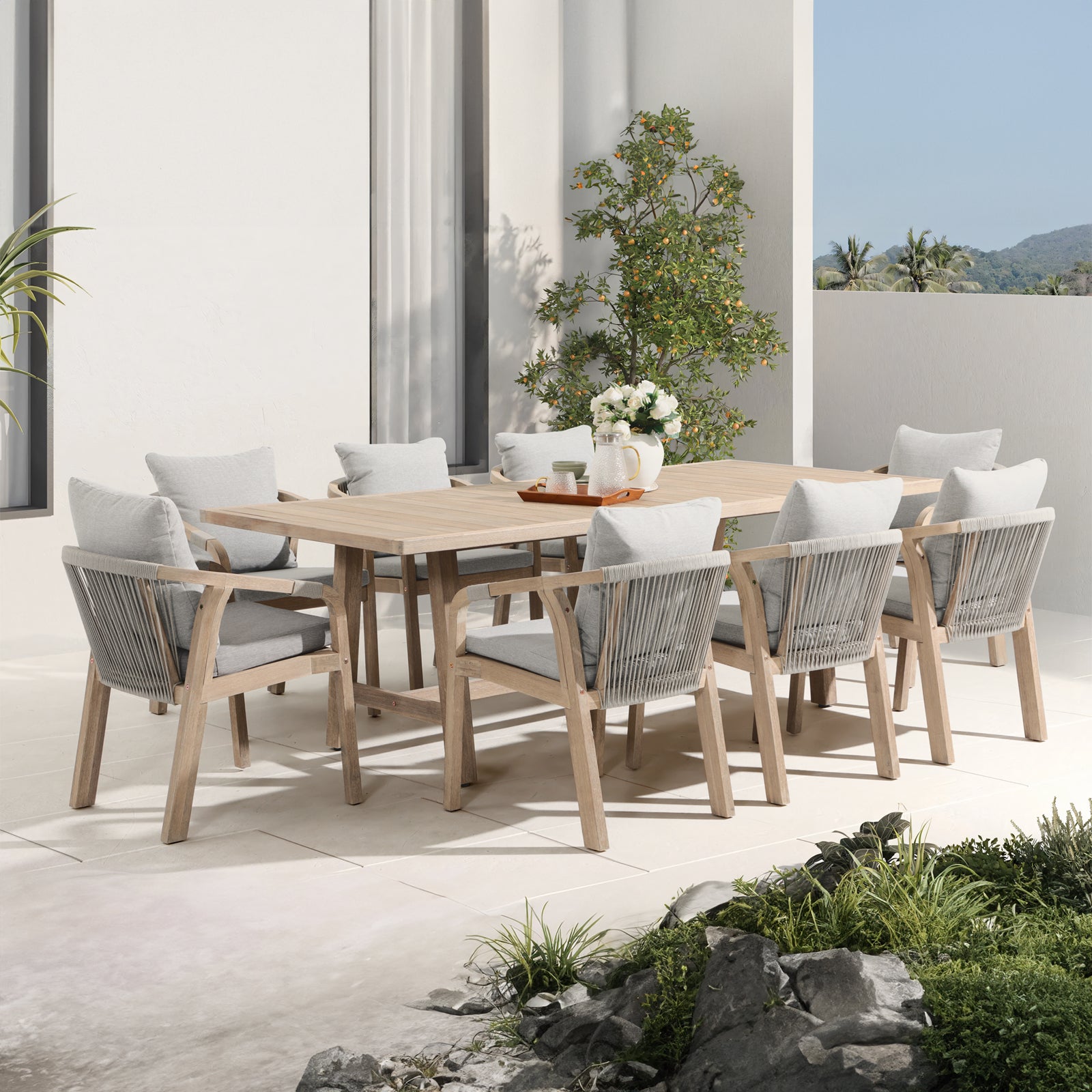 rectangular wood Outdoor furniture set for 8 with umbrella hole and rope design chairs - Jardina Premium Modern Outdoor Dining Furniture