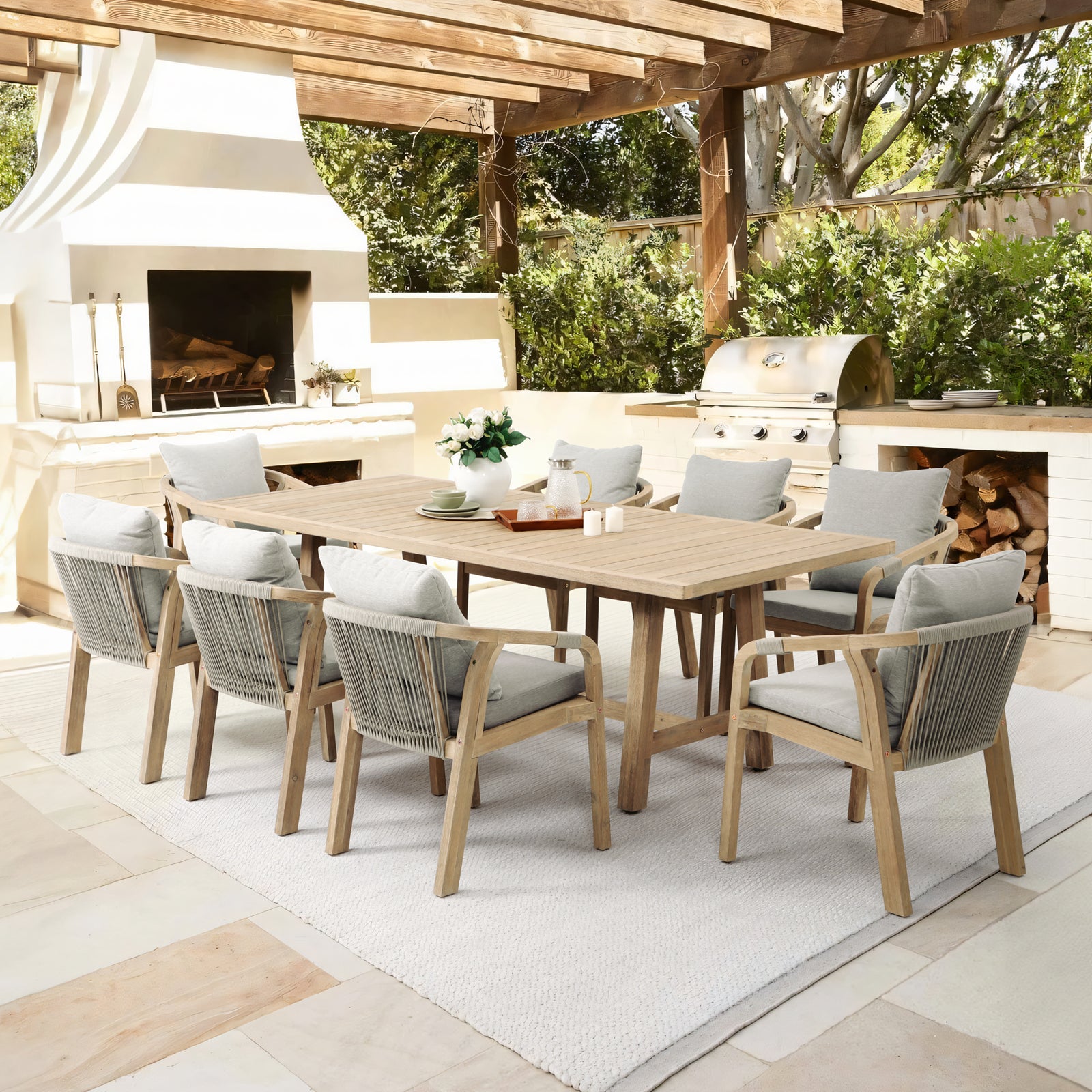 Thalea Rectangular Wood Outdoor Dining Table for 8 People, 90.6"