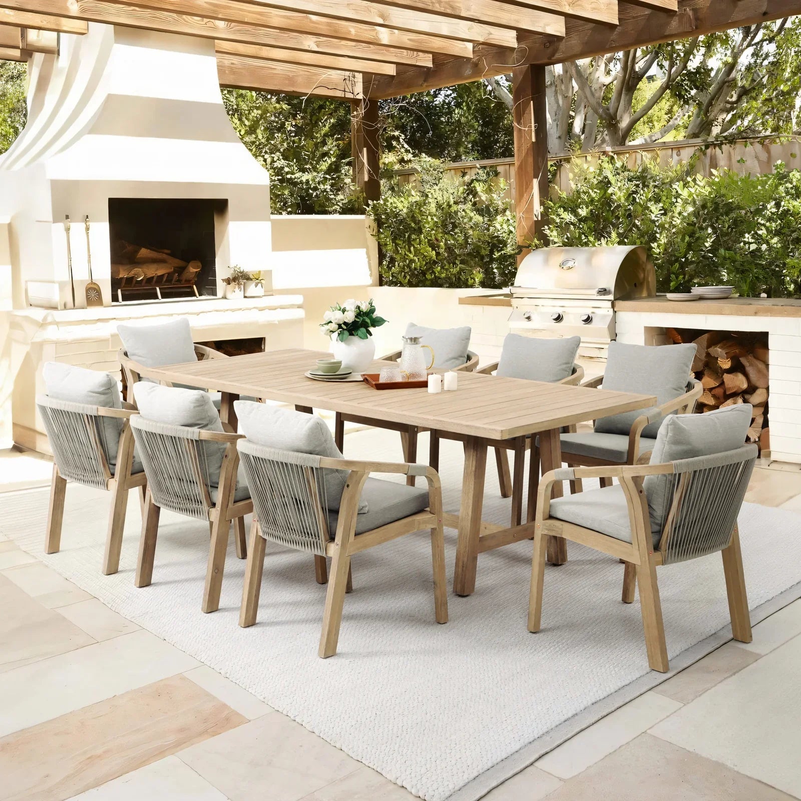 rectangular wood Outdoor furniture set for 8 with rope design chairs and grey cushions - Jardina Premium Modern Outdoor Dining Furniture